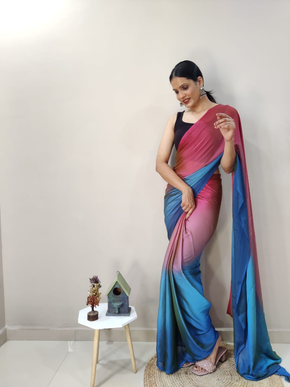 1-Min Ready To Wear Peacock Imported Silk Saree With Blouse