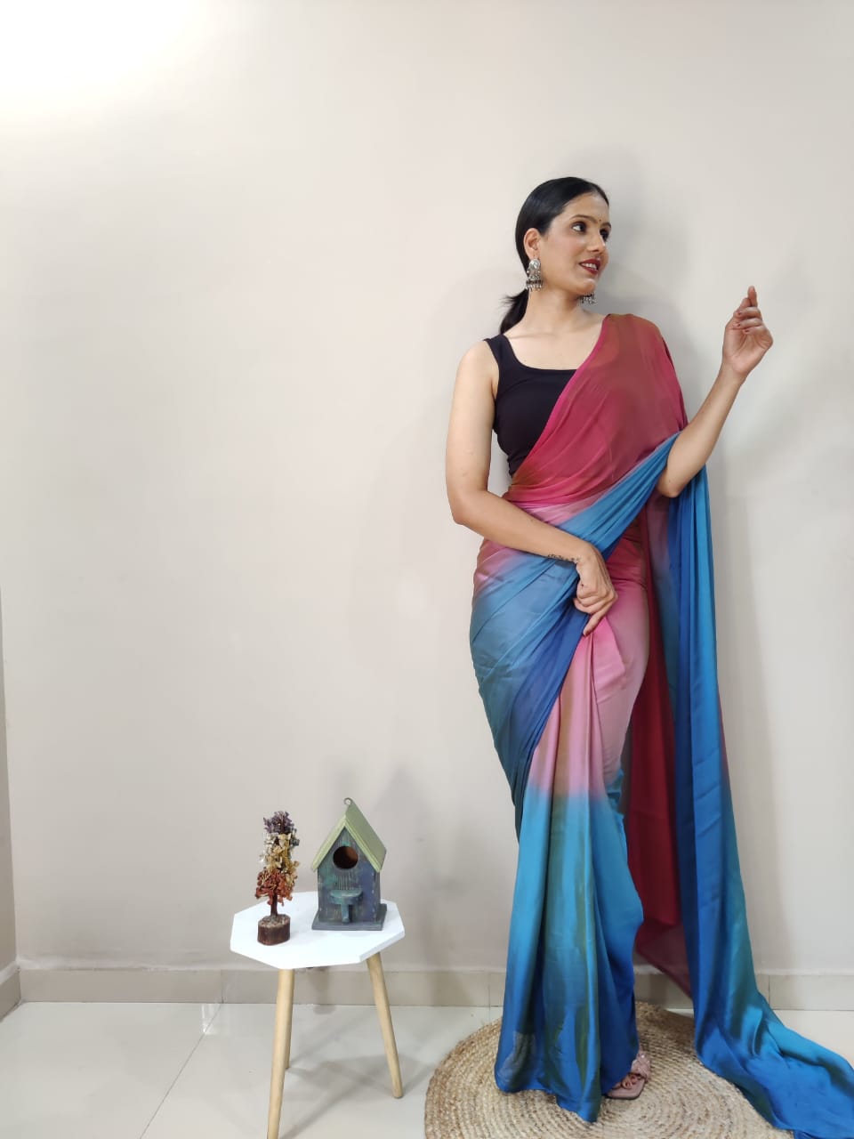 1-Min Ready To Wear Peacock Imported Silk Saree With Blouse