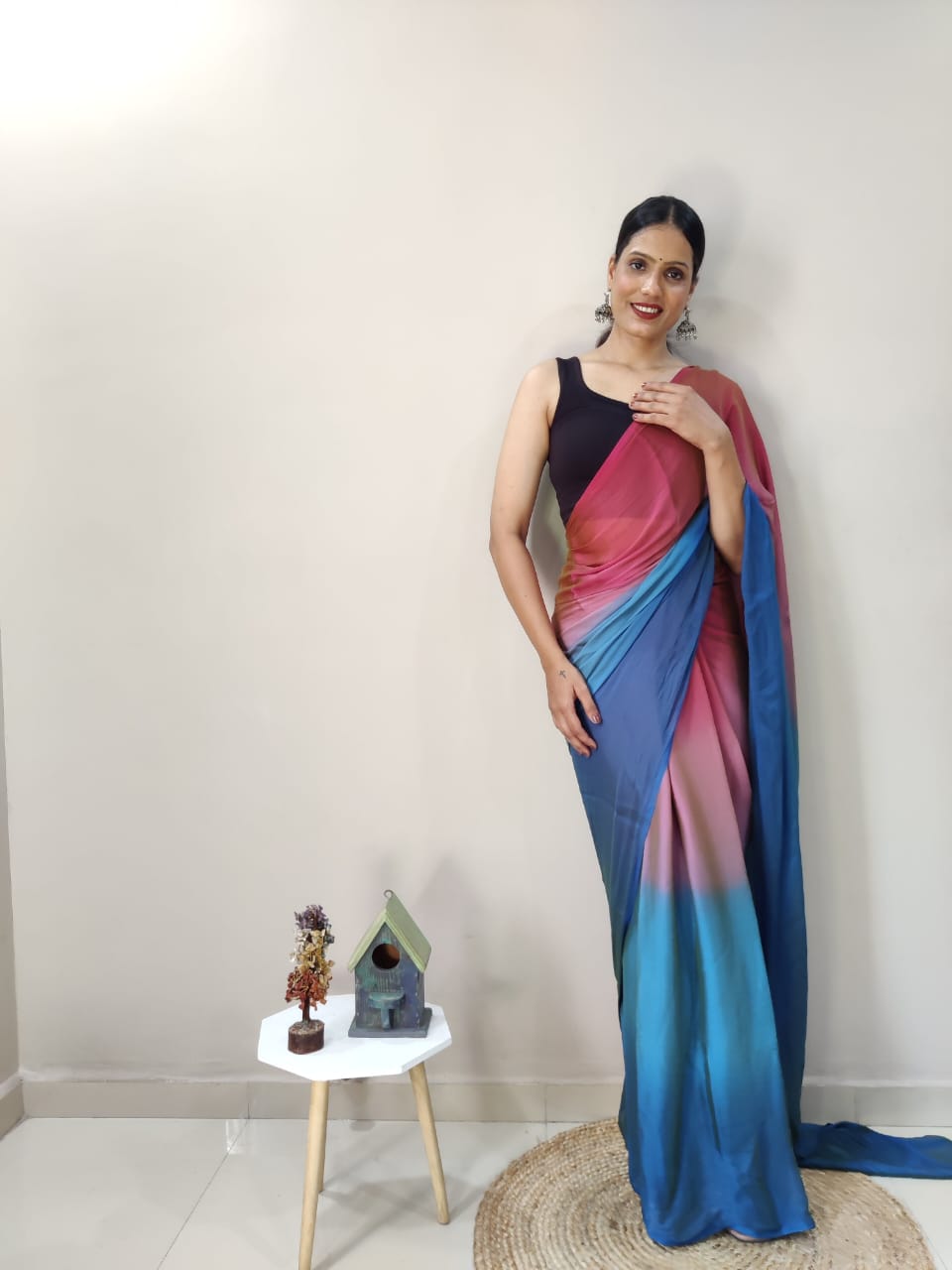 1-Min Ready To Wear Peacock Imported Silk Saree With Blouse