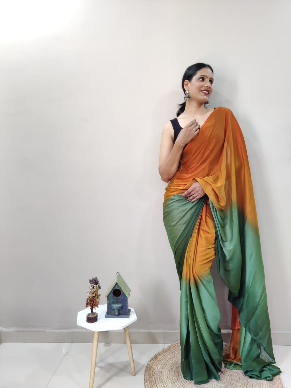 1-Min Ready To Wear Green Imported Silk Saree With Blouse