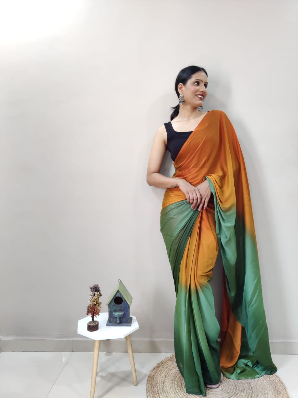 1-Min Ready To Wear Green Imported Silk Saree With Blouse