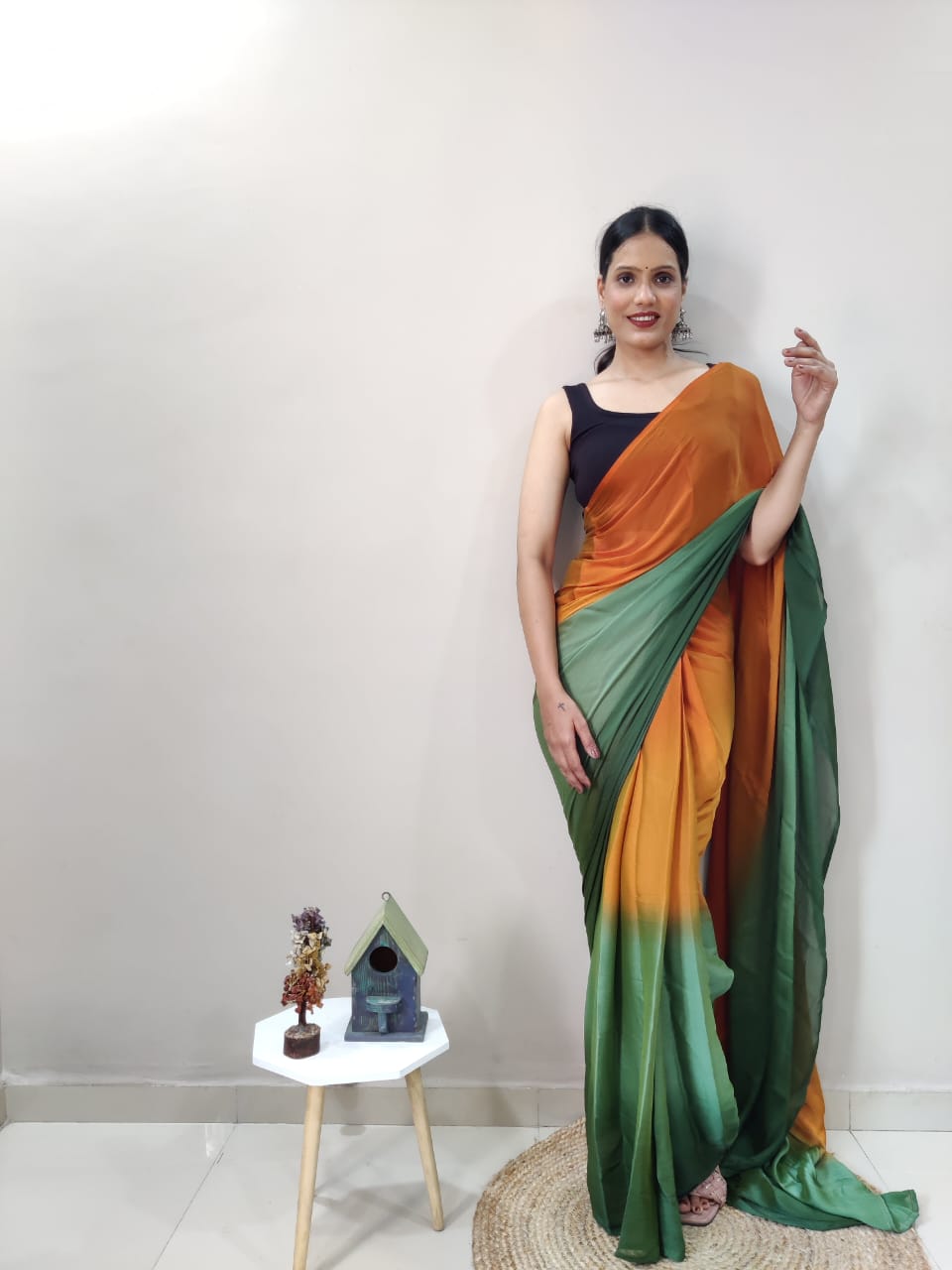 1-Min Ready To Wear Green Imported Silk Saree With Blouse