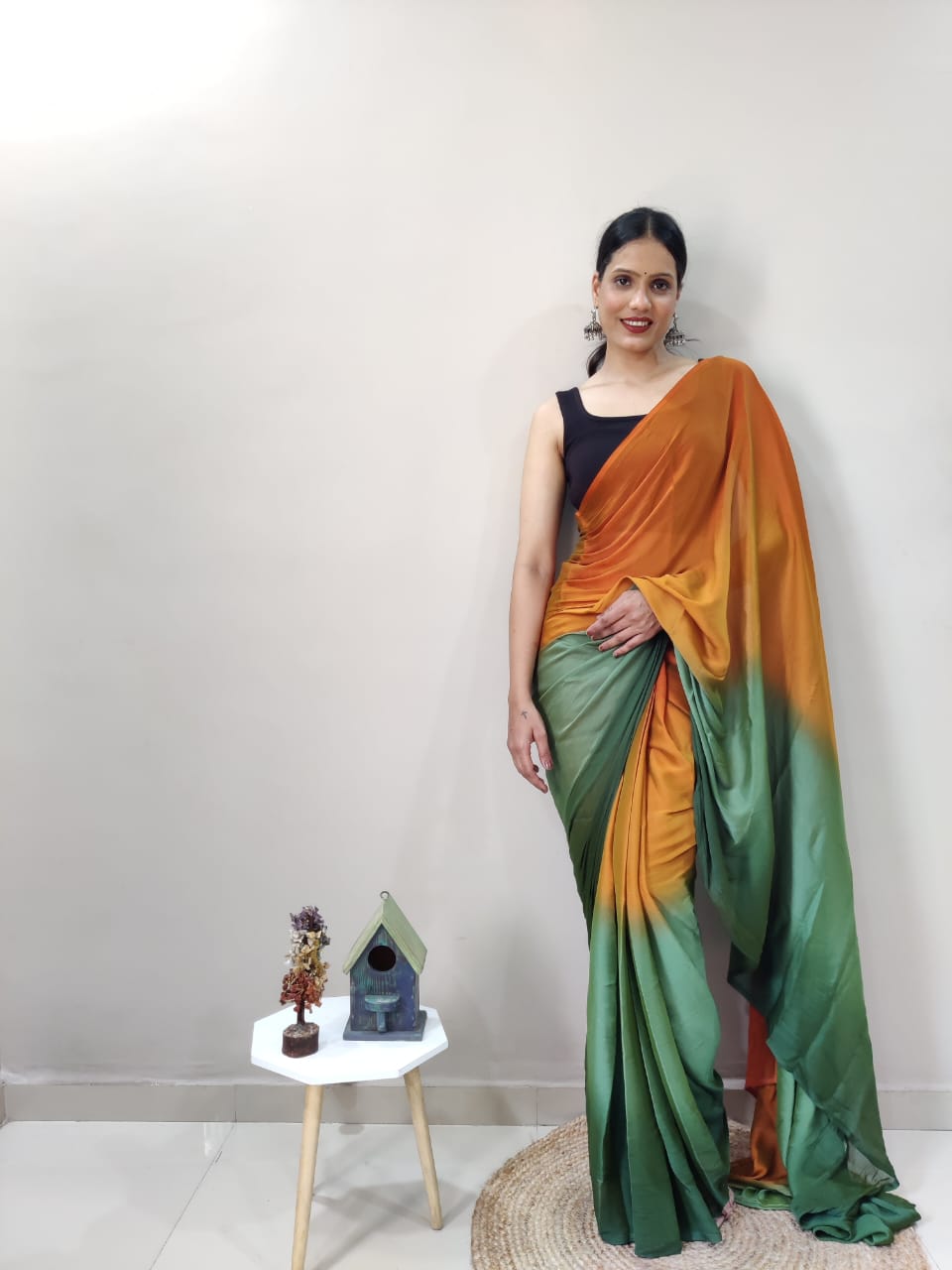 1-Min Ready To Wear Green Imported Silk Saree With Blouse