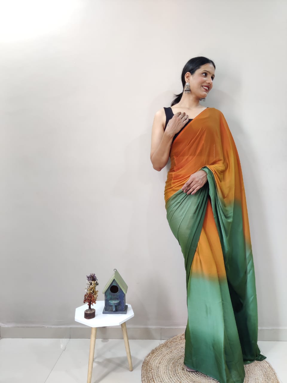 1-Min Ready To Wear Green Imported Silk Saree With Blouse