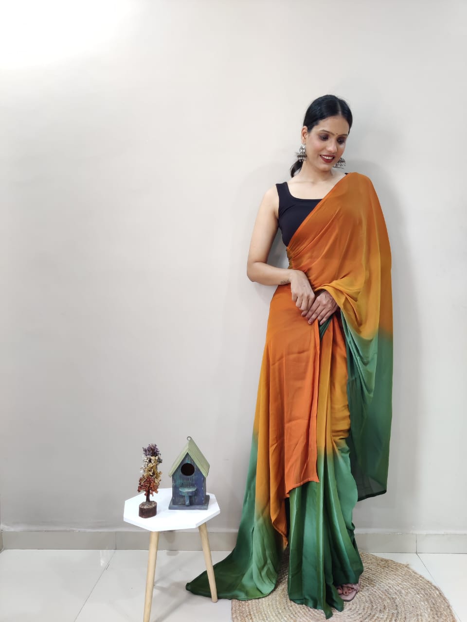 1-Min Ready To Wear Green Imported Silk Saree With Blouse