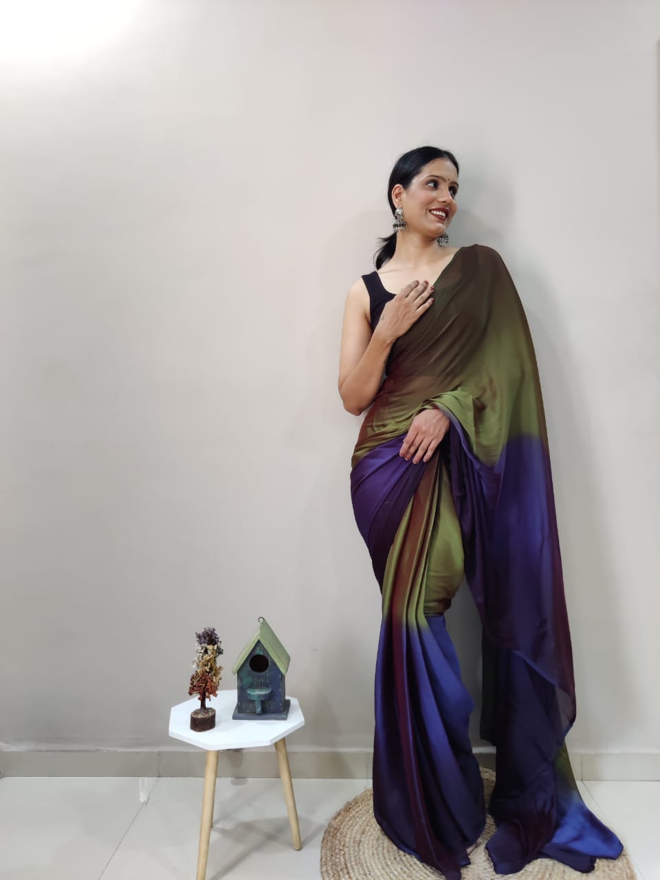 1-Min Ready To Wear Avocado Imported Silk Saree With Blouse