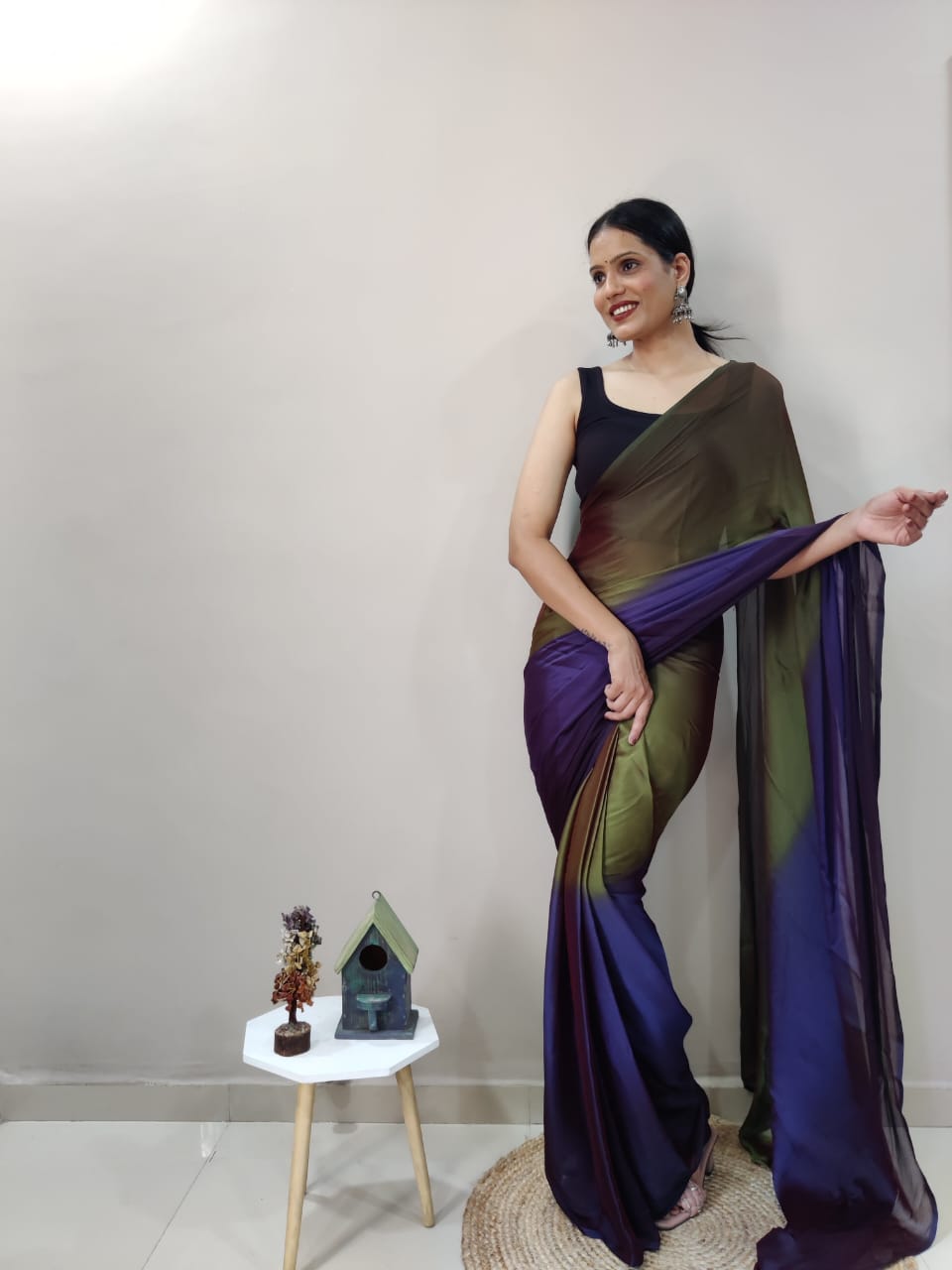 1-Min Ready To Wear Avocado Imported Silk Saree With Blouse