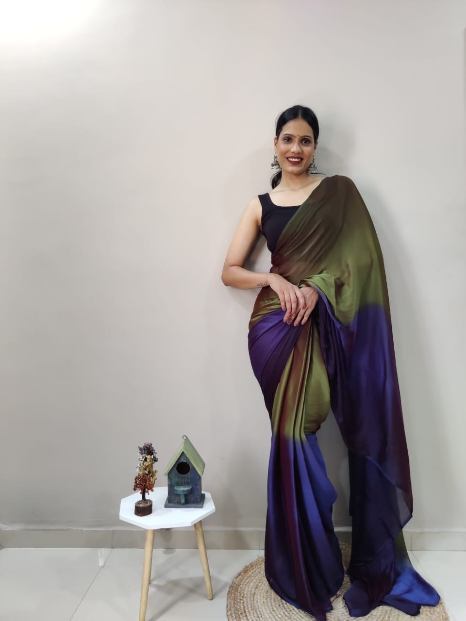 1-Min Ready To Wear Avocado Imported Silk Saree With Blouse