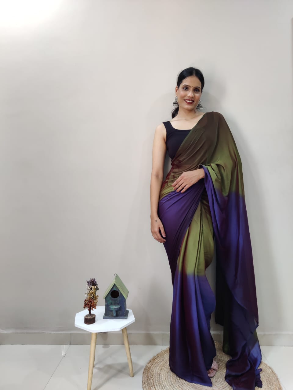 1-Min Ready To Wear Avocado Imported Silk Saree With Blouse