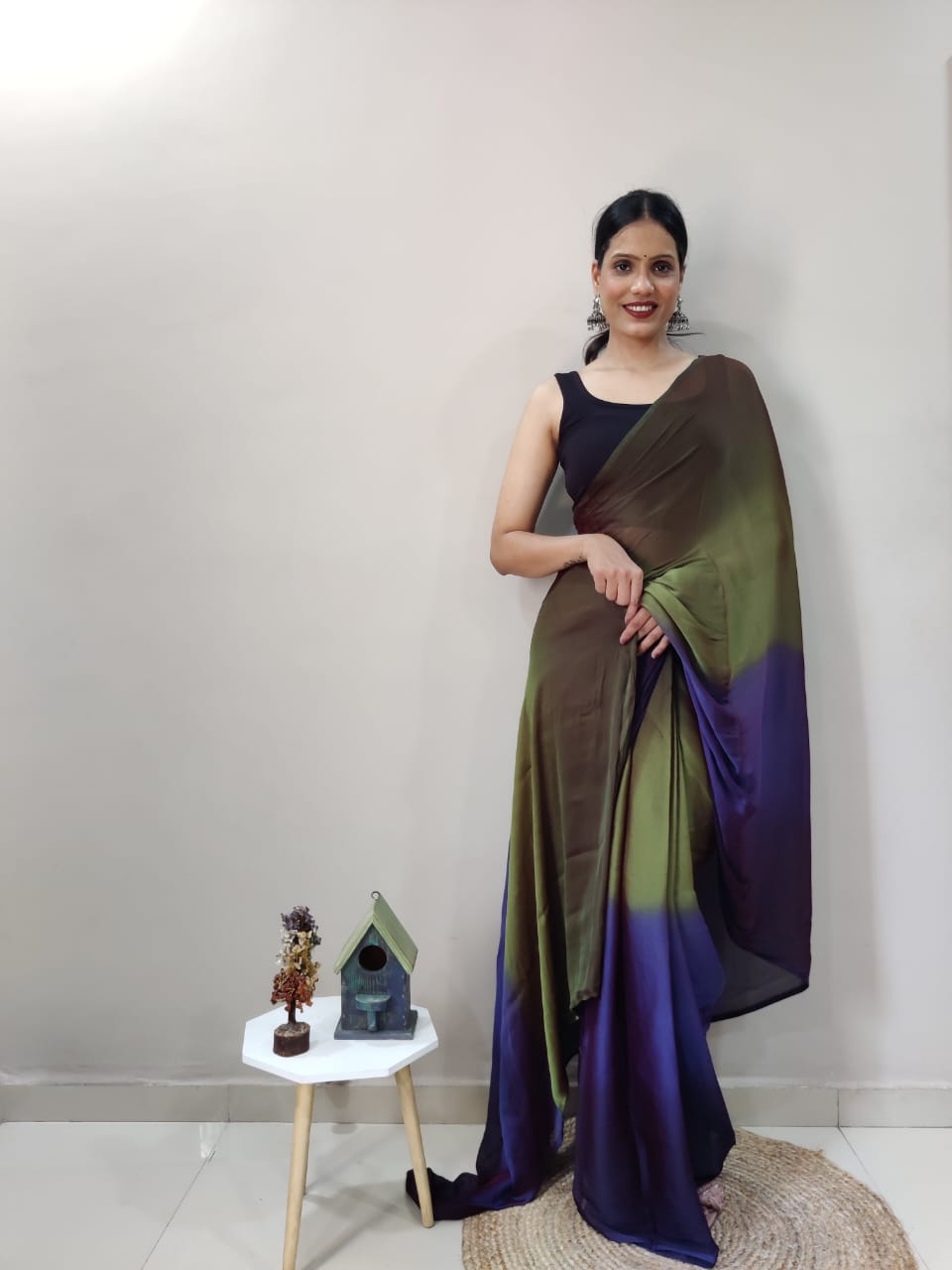 1-Min Ready To Wear Avocado Imported Silk Saree With Blouse