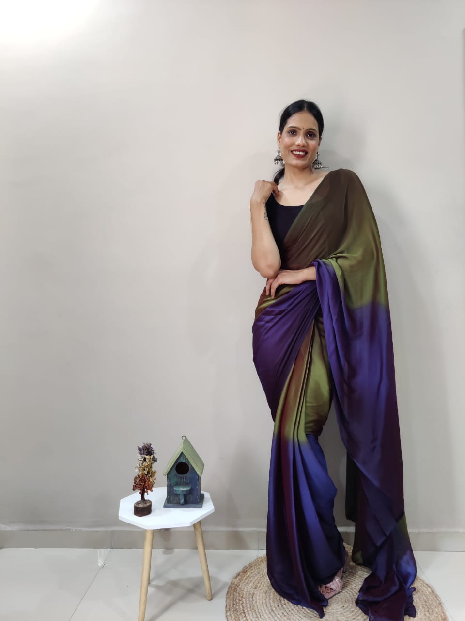 1-Min Ready To Wear Avocado Imported Silk Saree With Blouse