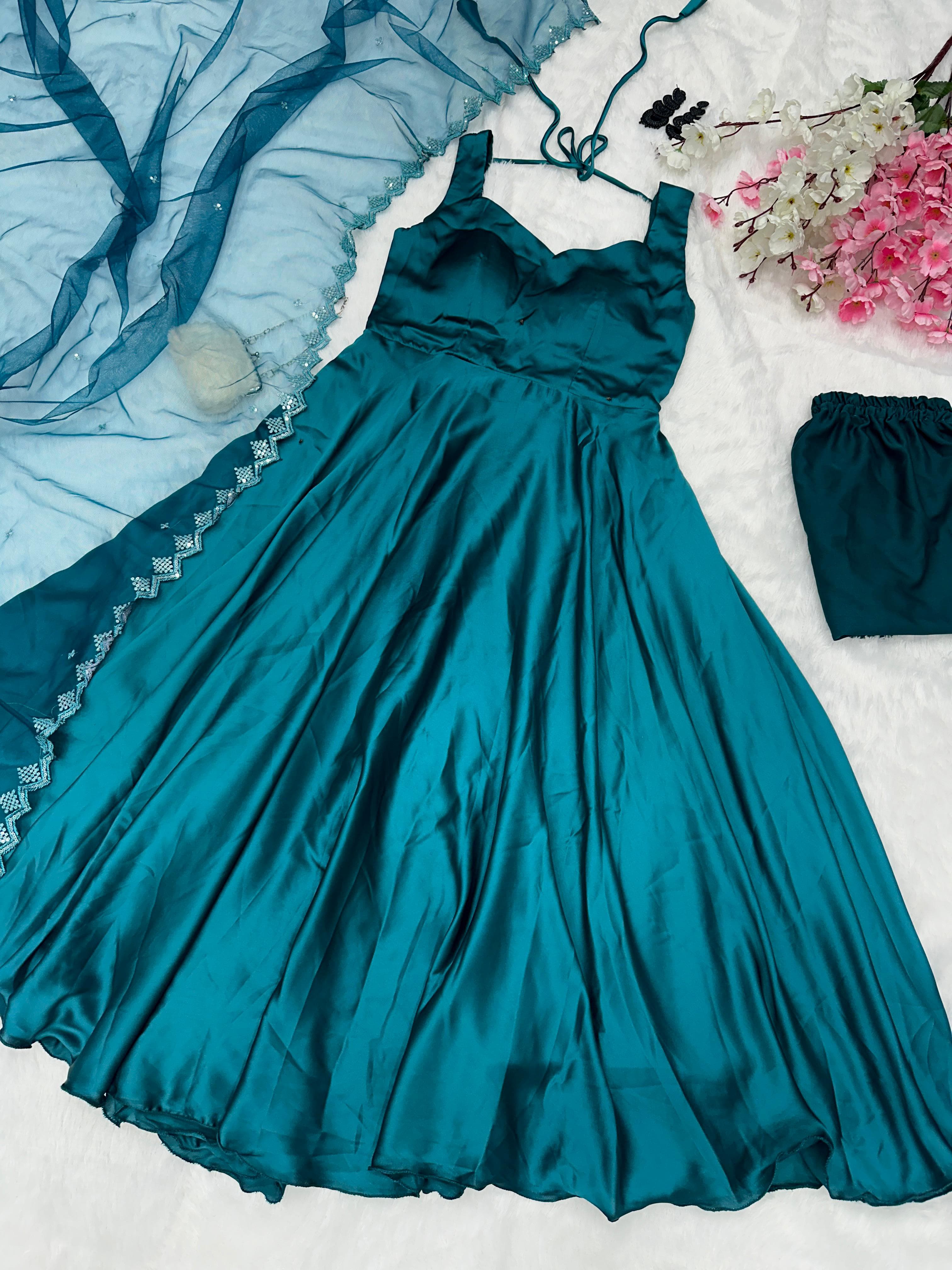 Innovative Teal Blue Color Satin Anarkali Suit