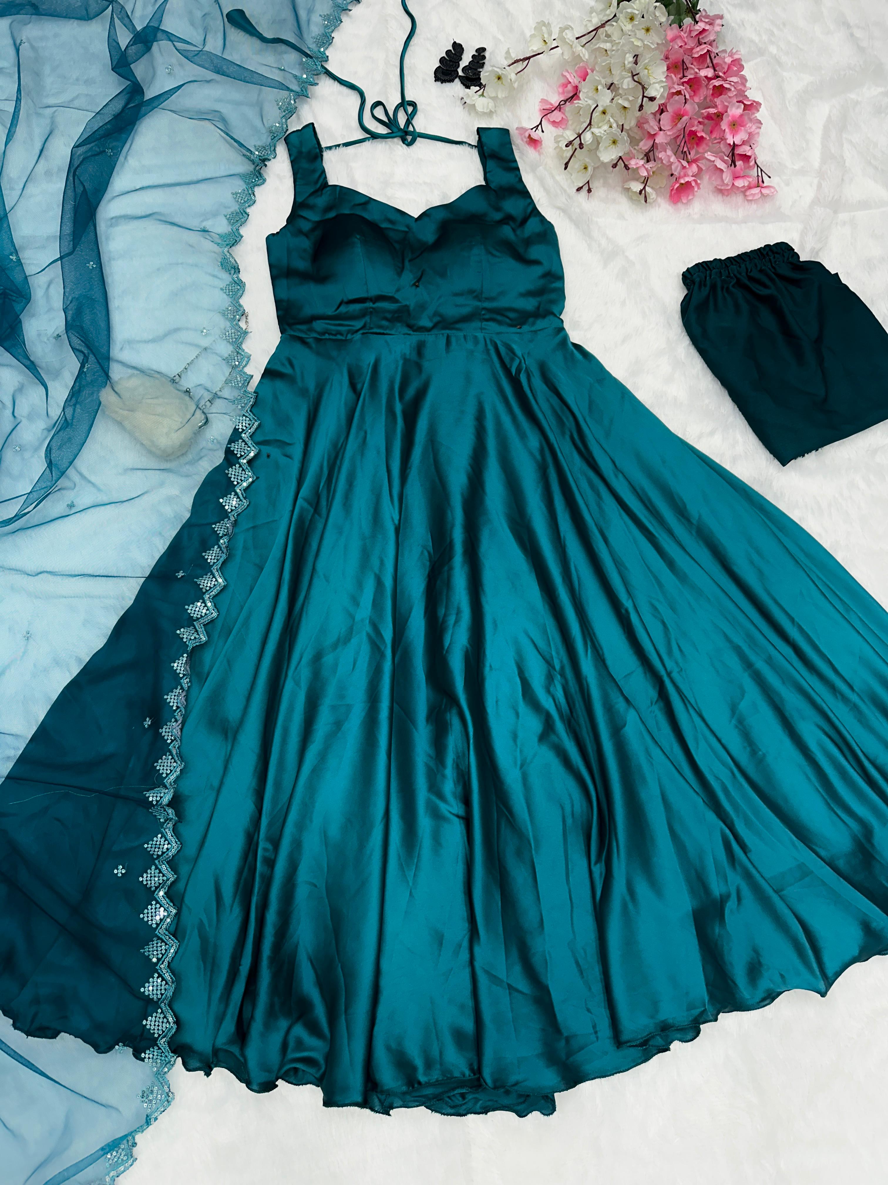 Innovative Teal Blue Color Satin Anarkali Suit