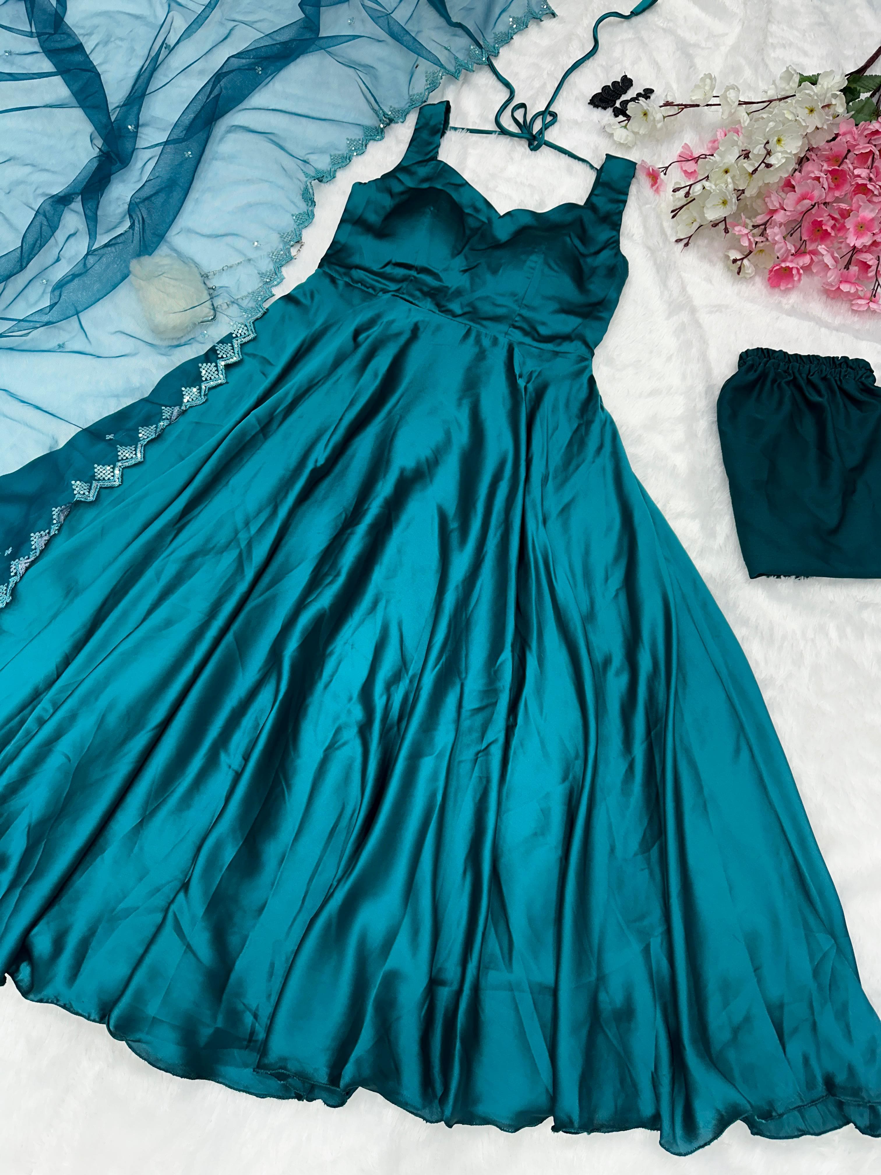 Innovative Teal Blue Color Satin Anarkali Suit