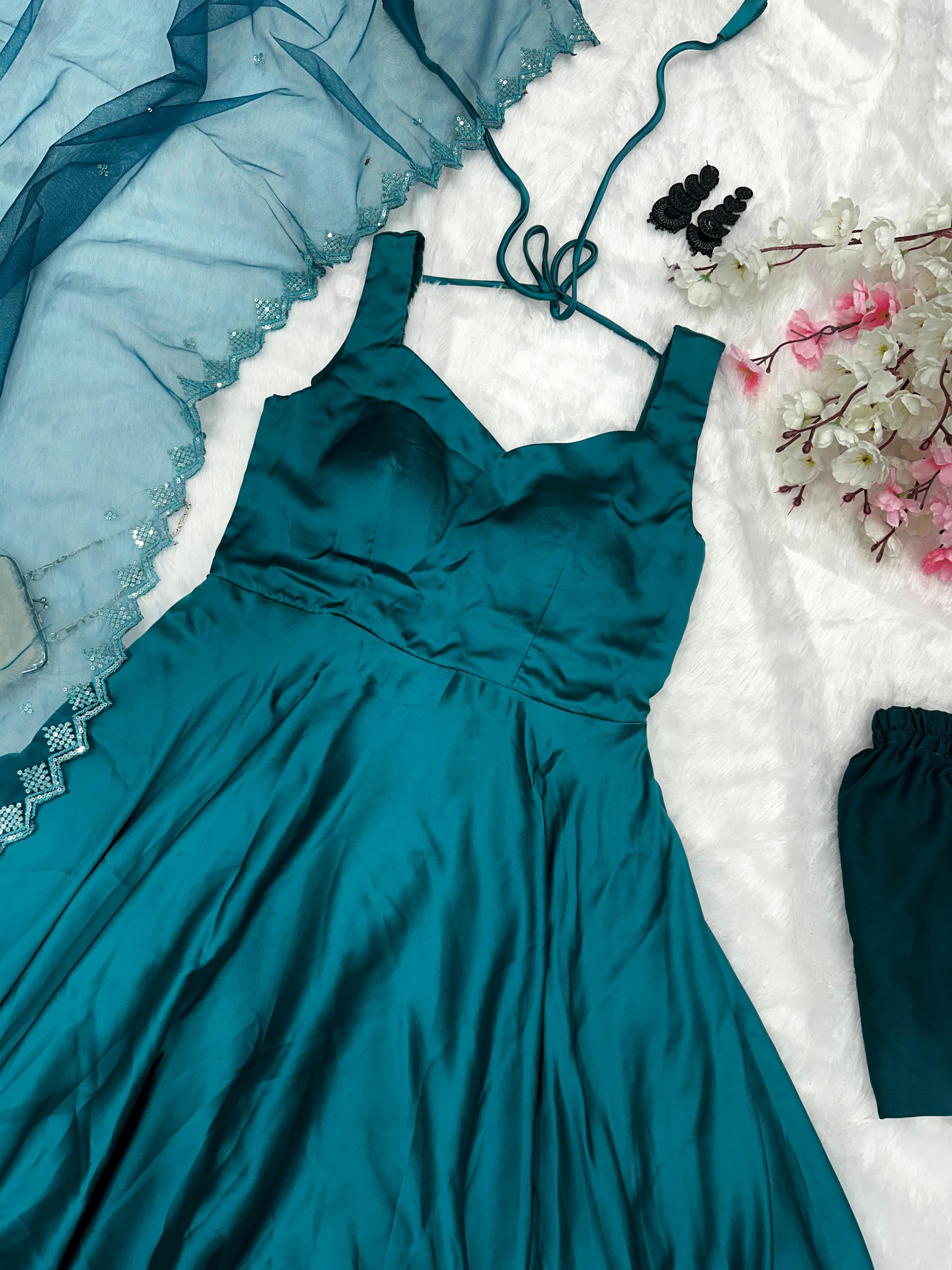 Innovative Teal Blue Color Satin Anarkali Suit