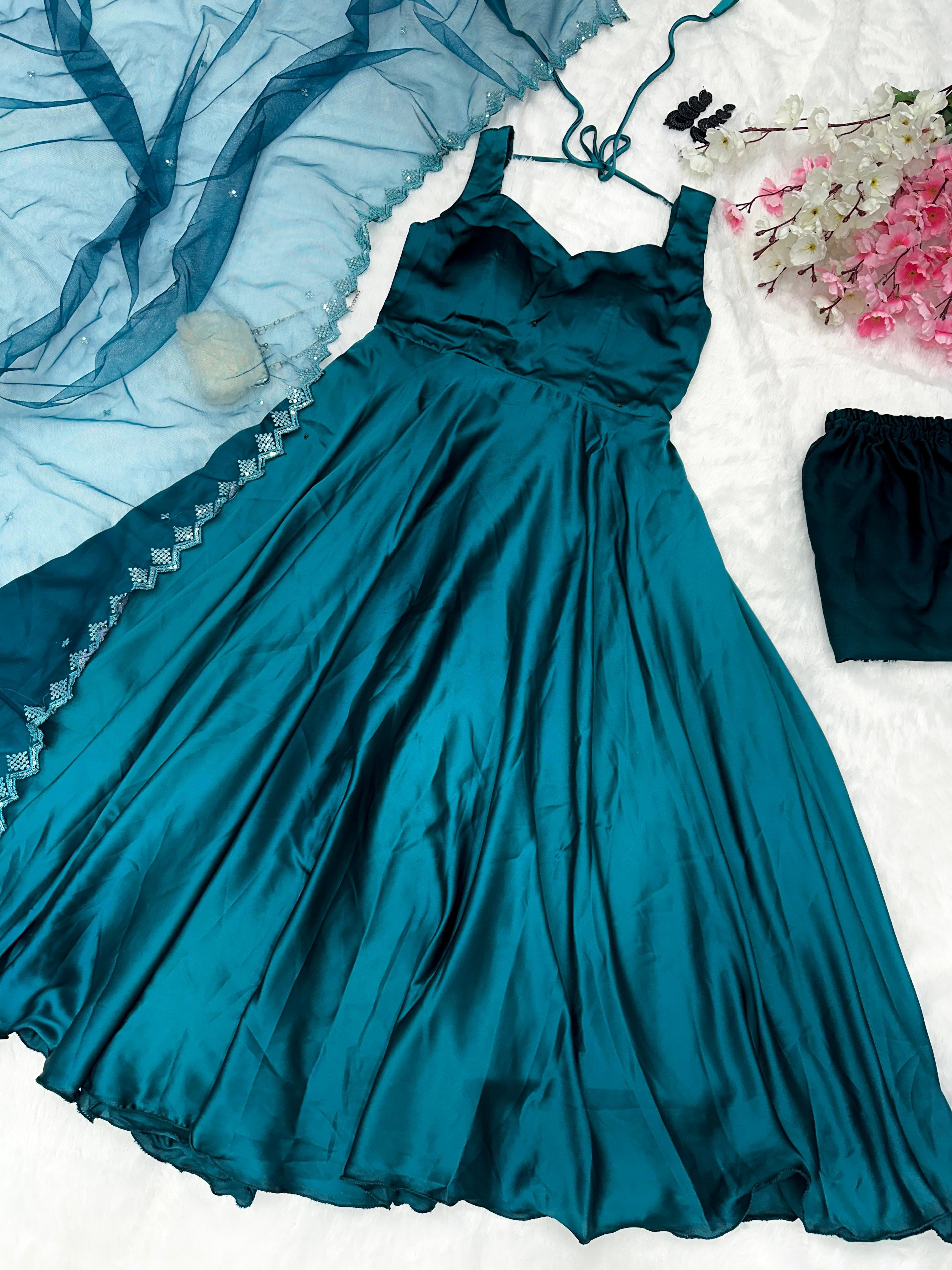 Innovative Teal Blue Color Satin Anarkali Suit