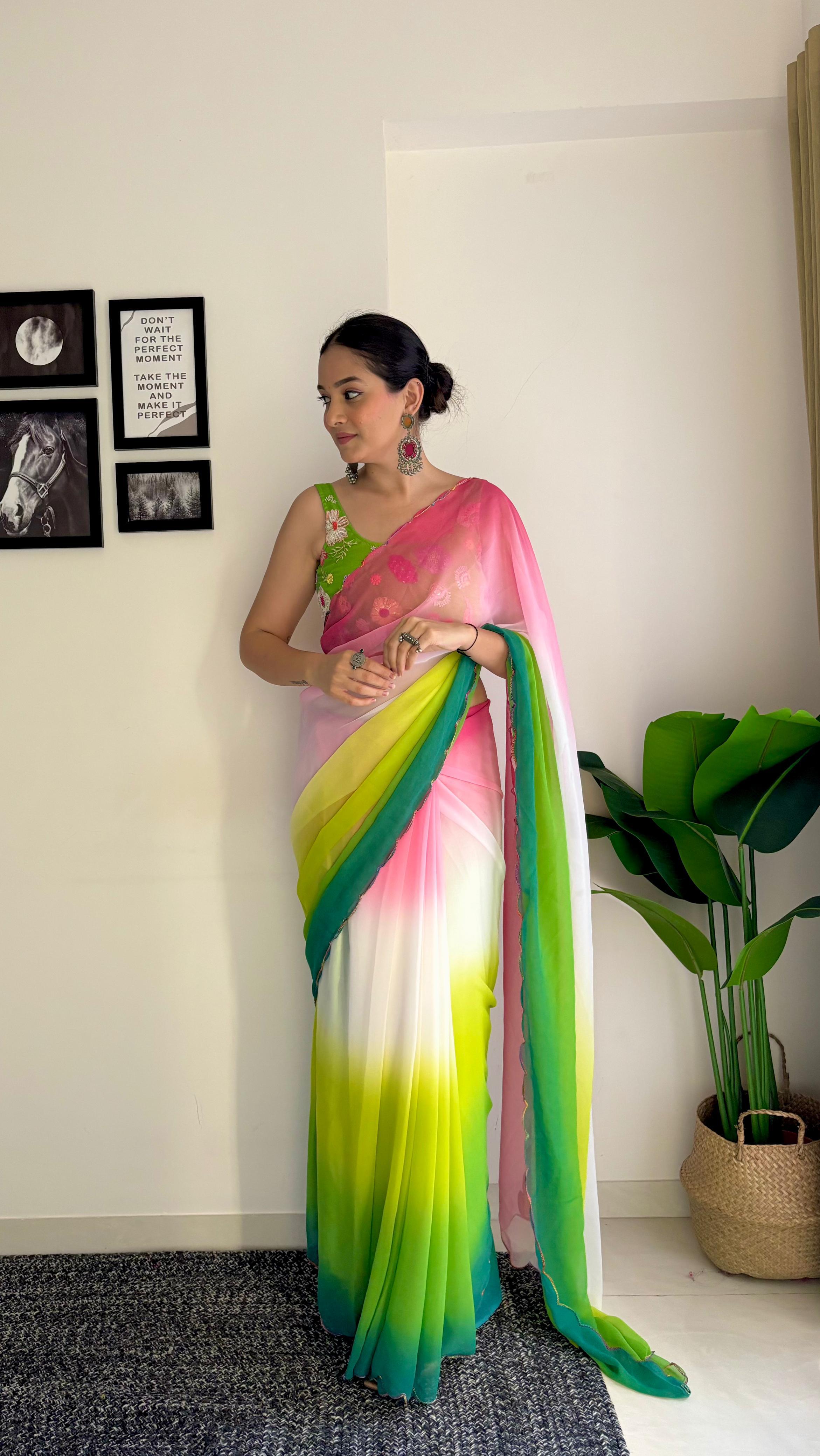 Amazing  Work Blouse With Parrot Green and Pink Shade Saree