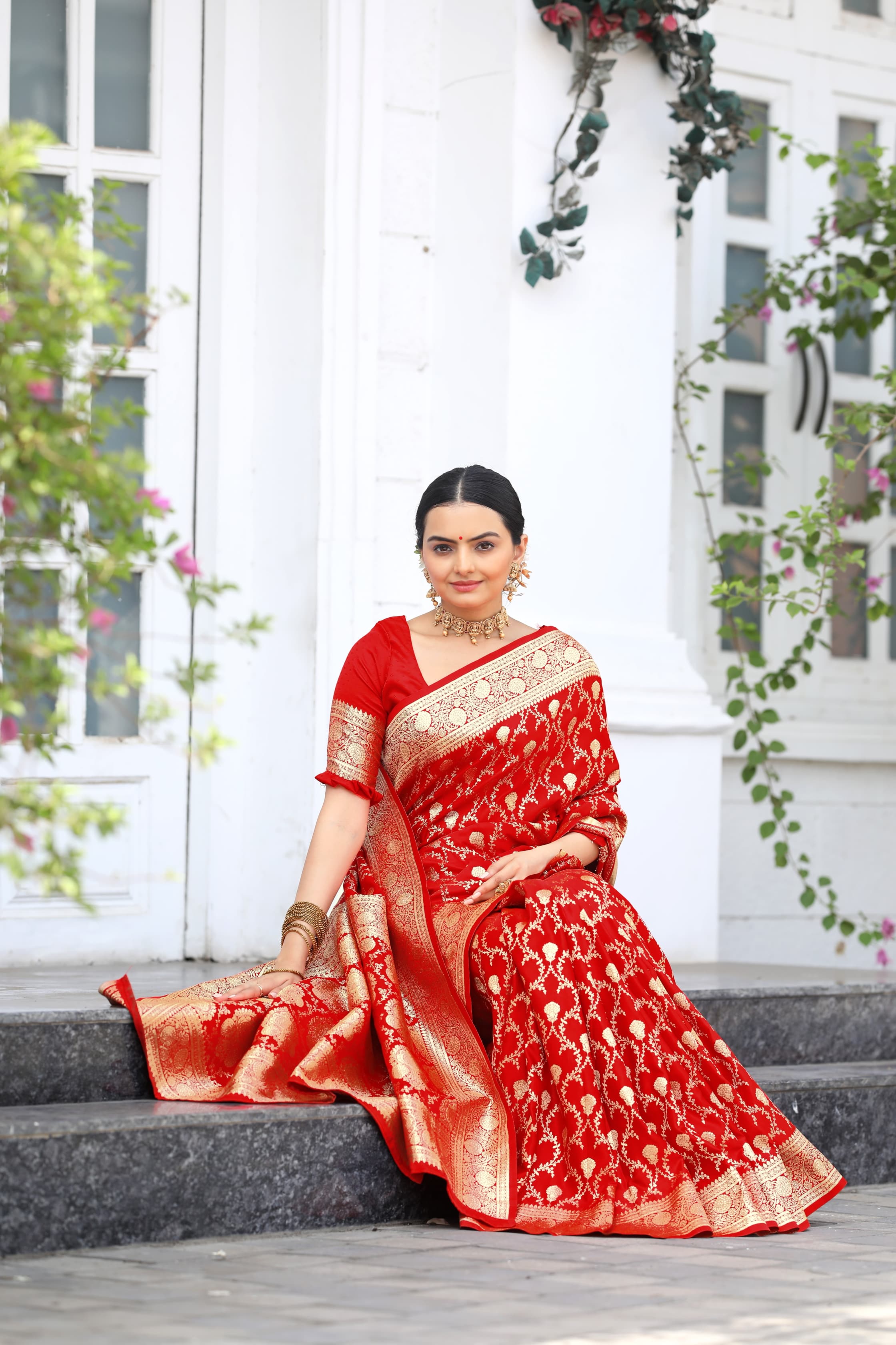 Amazing Red Color Silver Jari Design Silk Saree