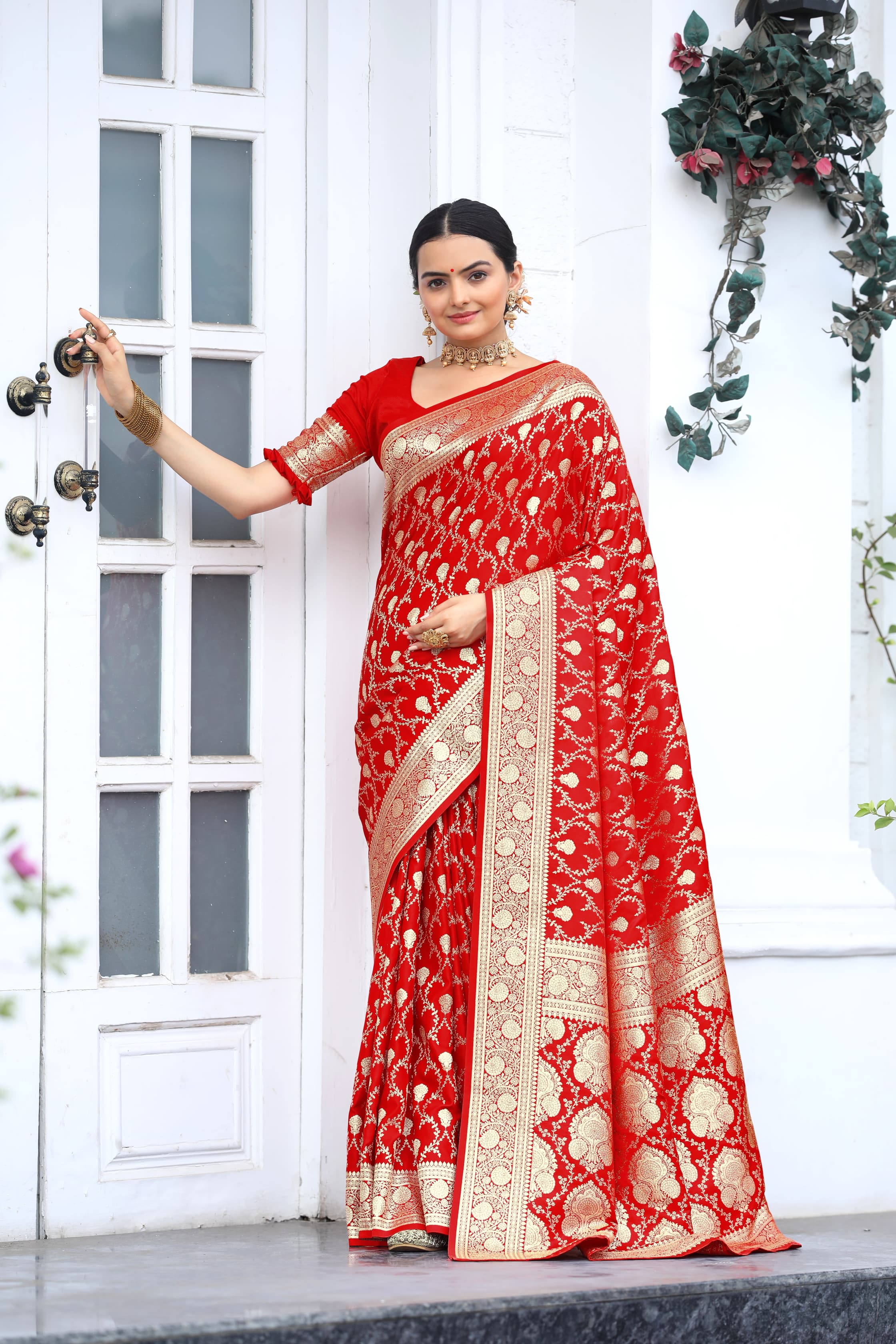 Amazing Red Color Silver Jari Design Silk Saree