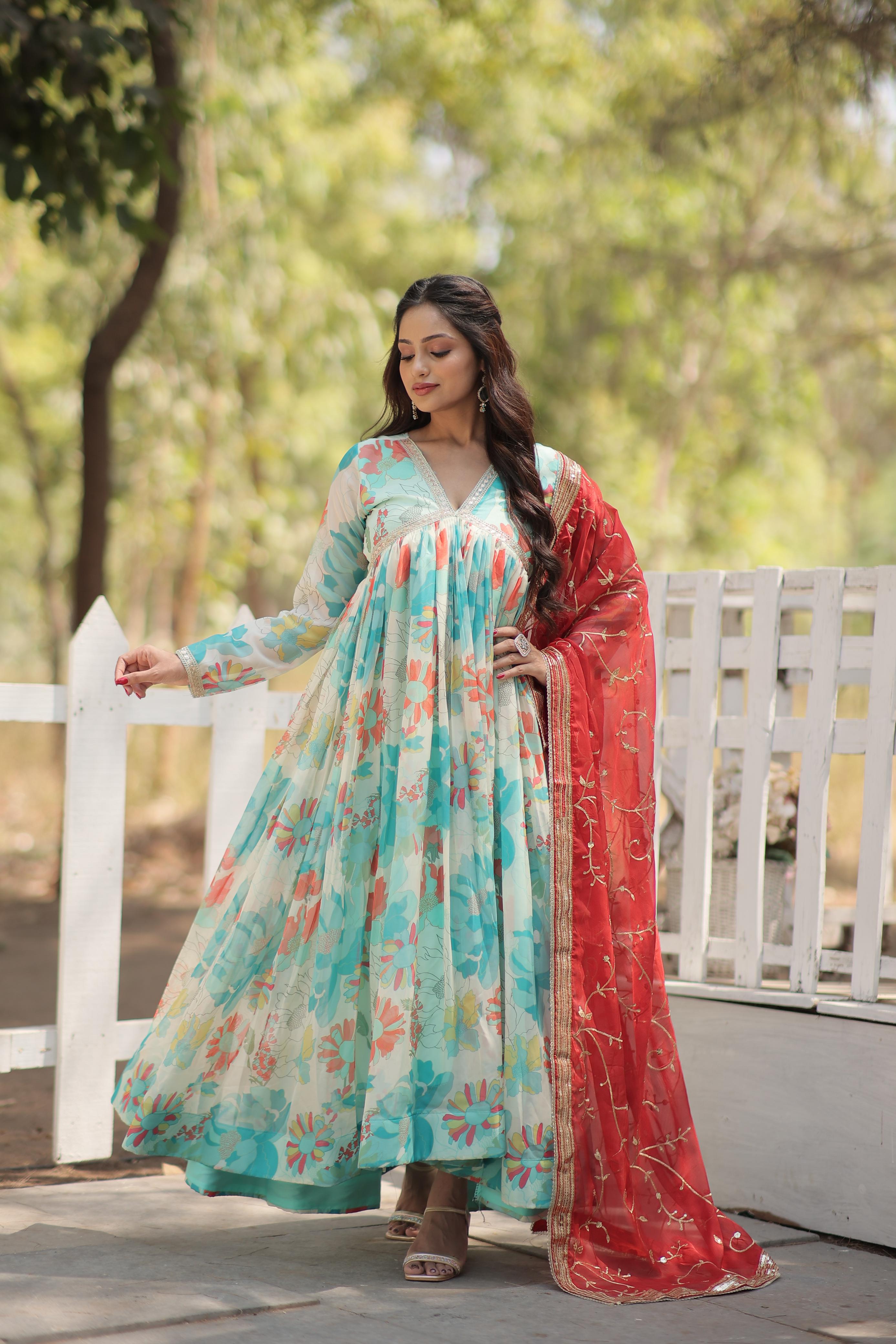 Adorable Alia Cut Russian Silk Digital Print Sky Color Gown