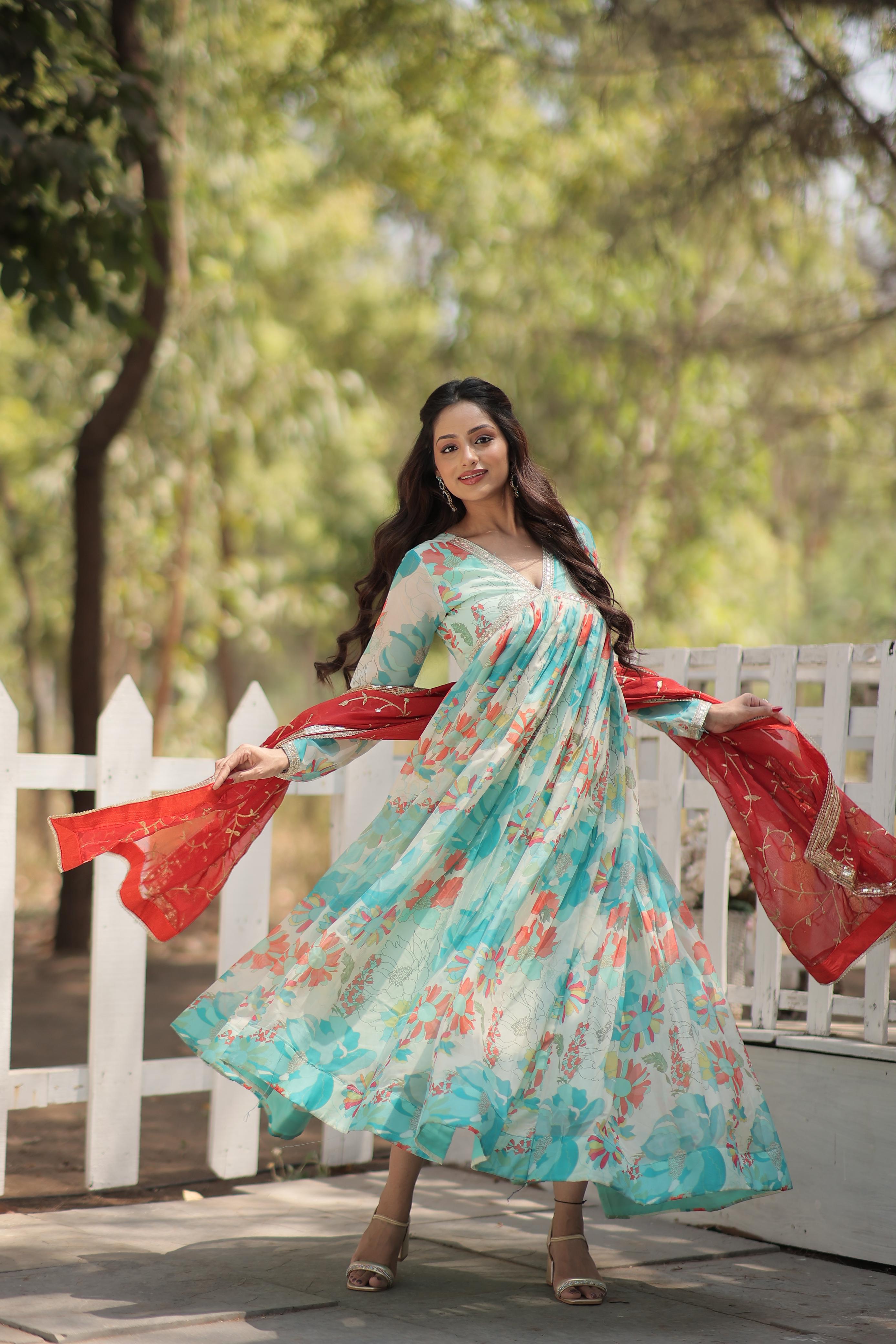 Adorable Alia Cut Russian Silk Digital Print Sky Color Gown