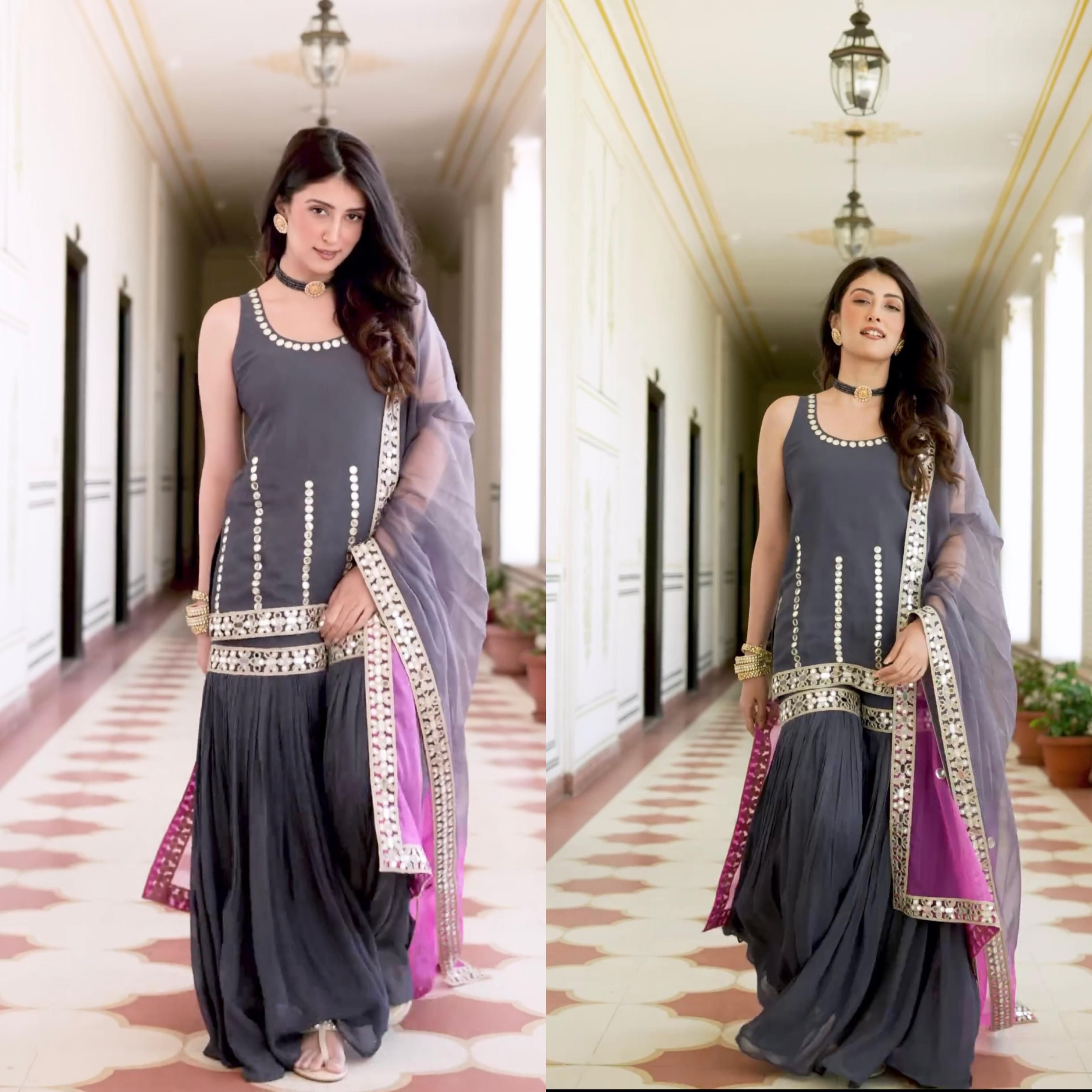 Bollywood Style Sequence Work Grey Color Sharara Suit