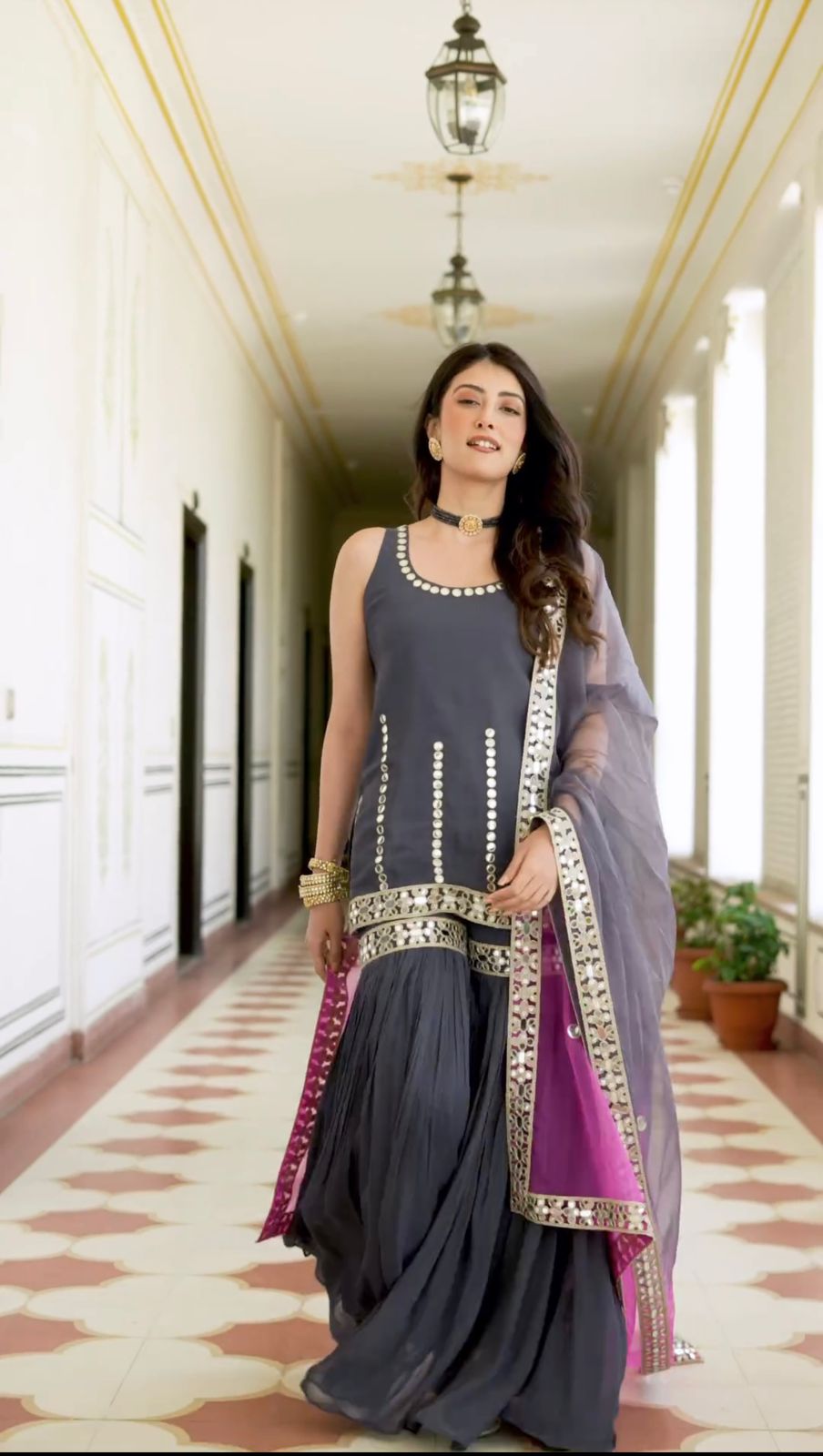 Bollywood Style Sequence Work Grey Color Sharara Suit