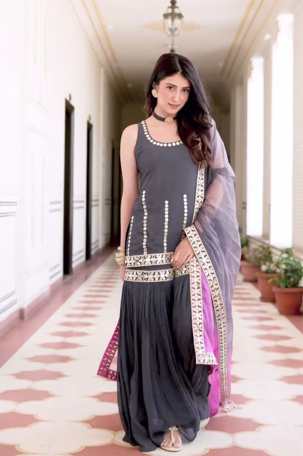 Bollywood Style Sequence Work Grey Color Sharara Suit