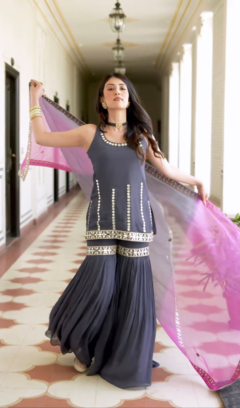 Bollywood Style Sequence Work Grey Color Sharara Suit