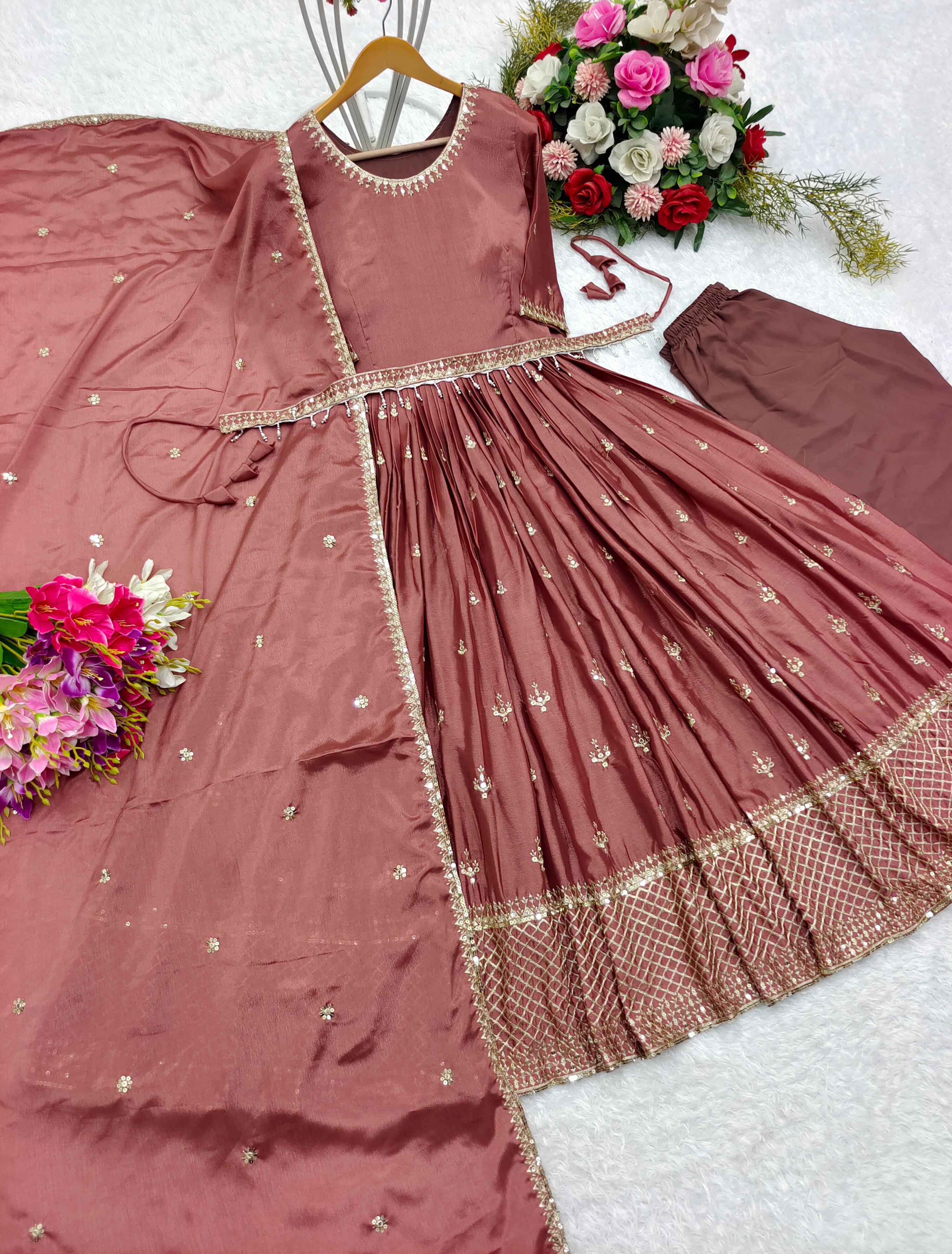 Stylish Brown Color Embroidery Work Anarkali Gown