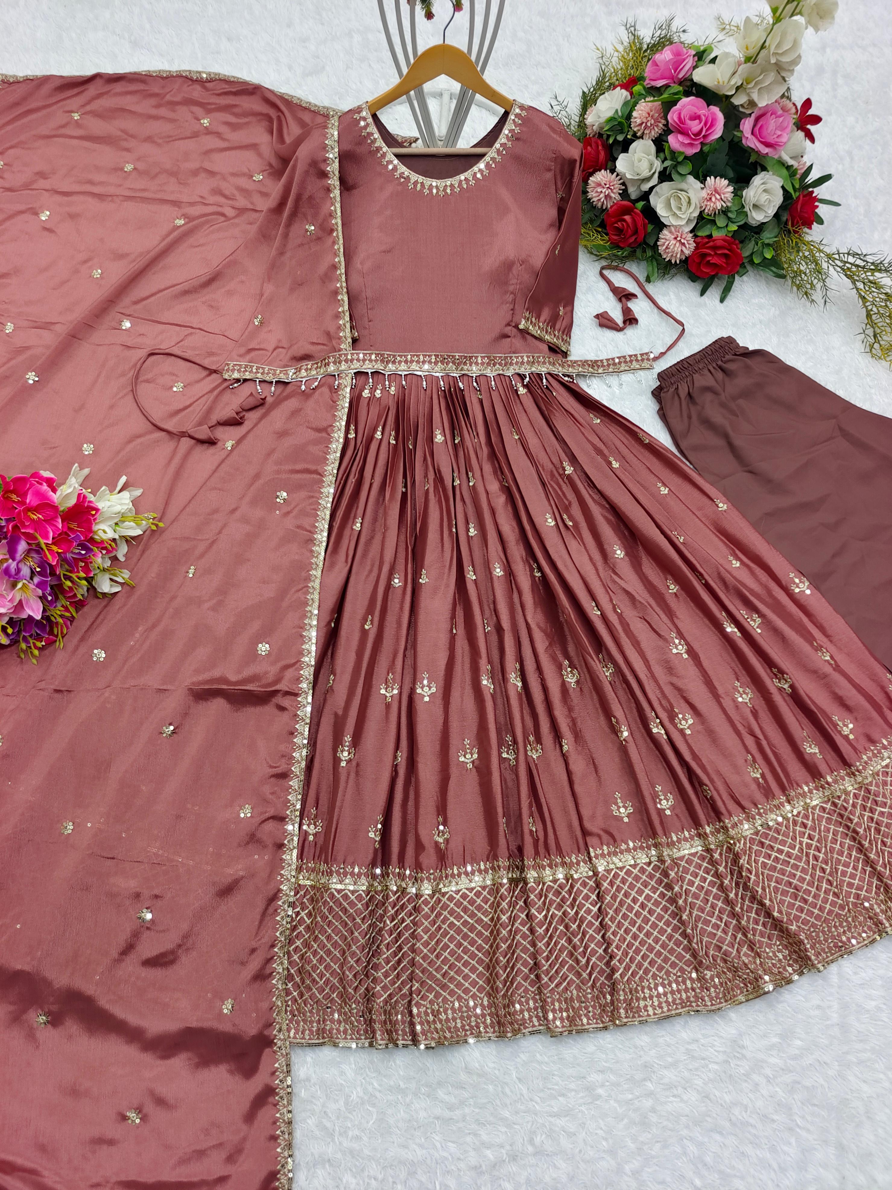 Stylish Brown Color Embroidery Work Anarkali Gown