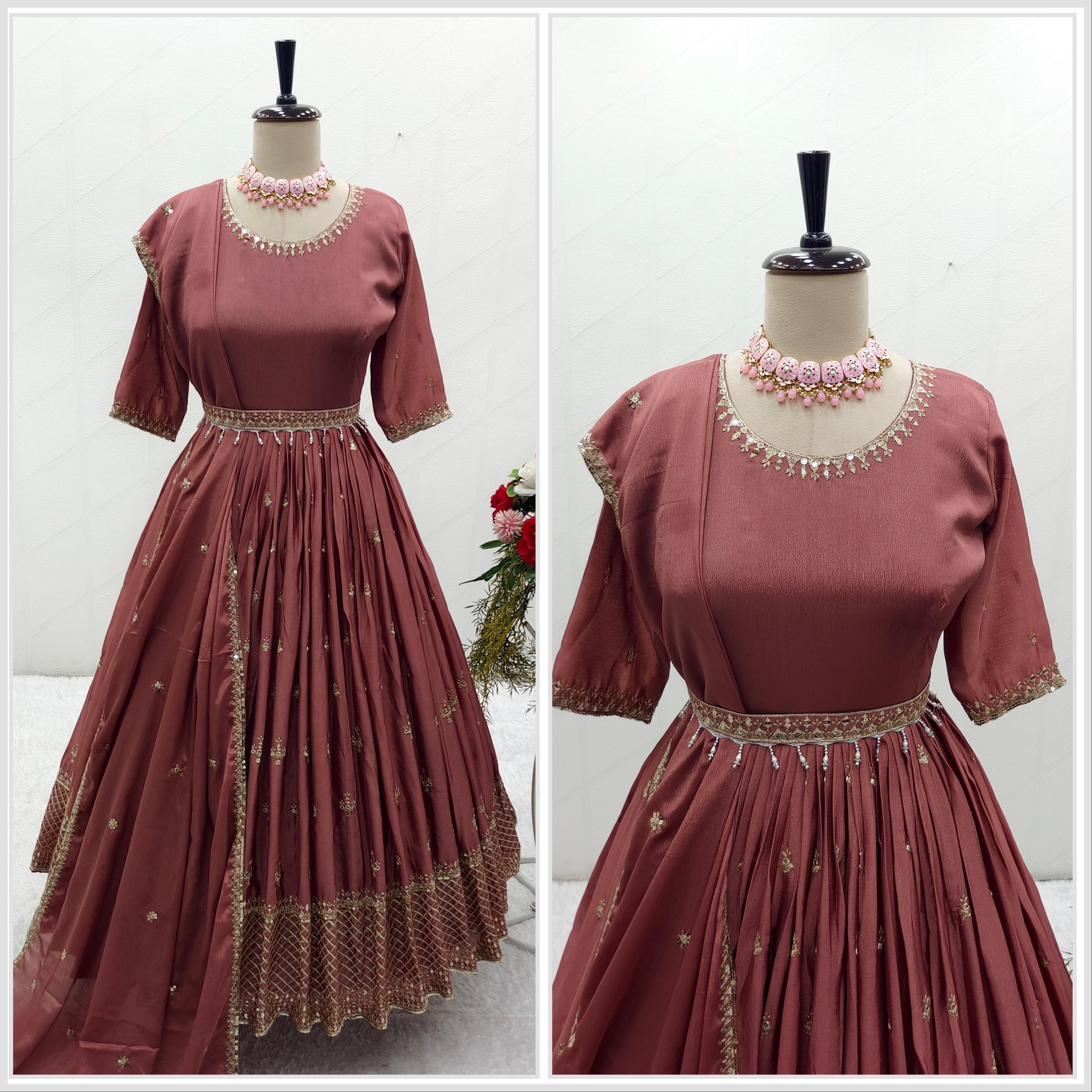 Stylish Brown Color Embroidery Work Anarkali Gown