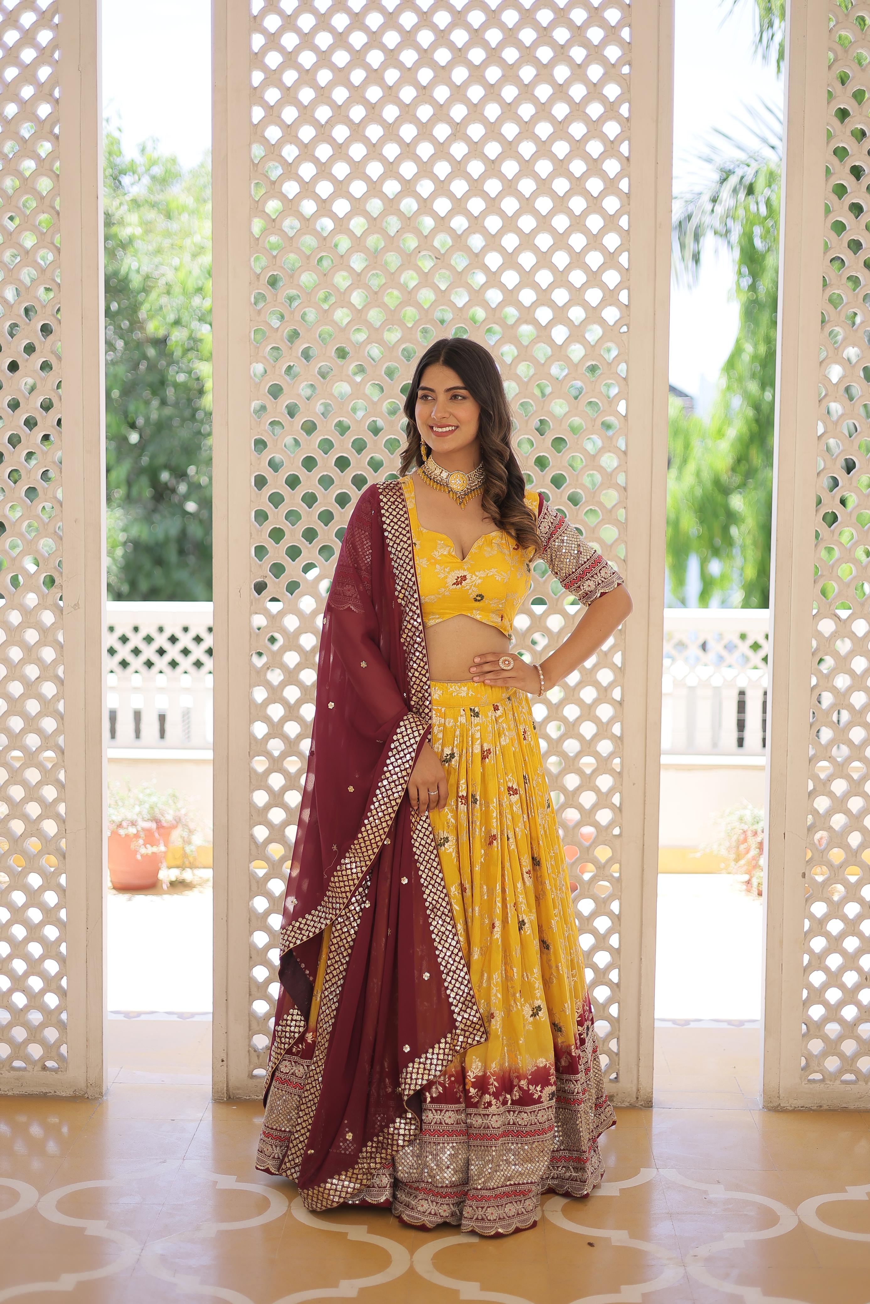 Sequence Work Off White Haldi Wear Yellow Choli