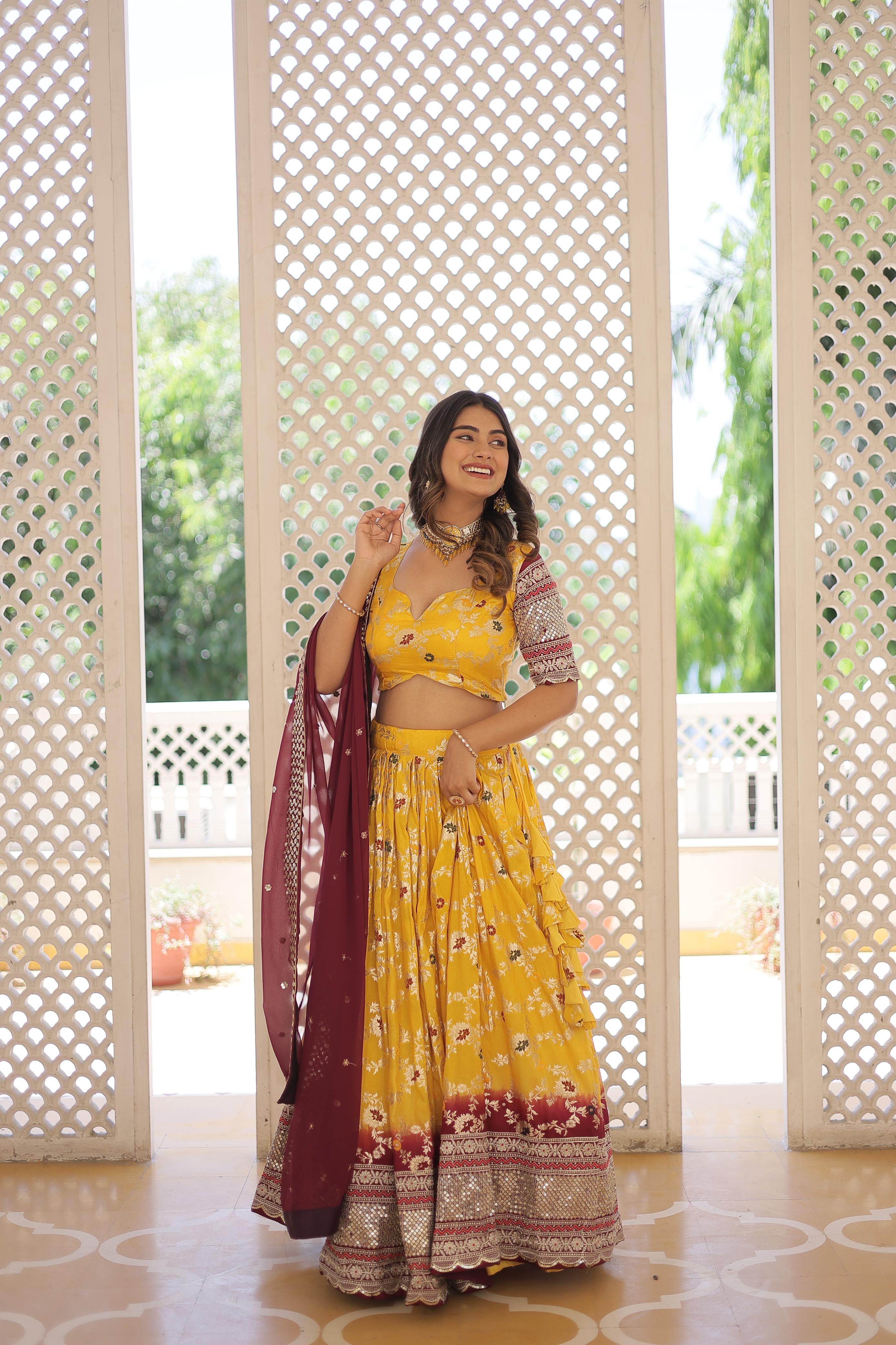 Sequence Work Off White Haldi Wear Yellow Choli