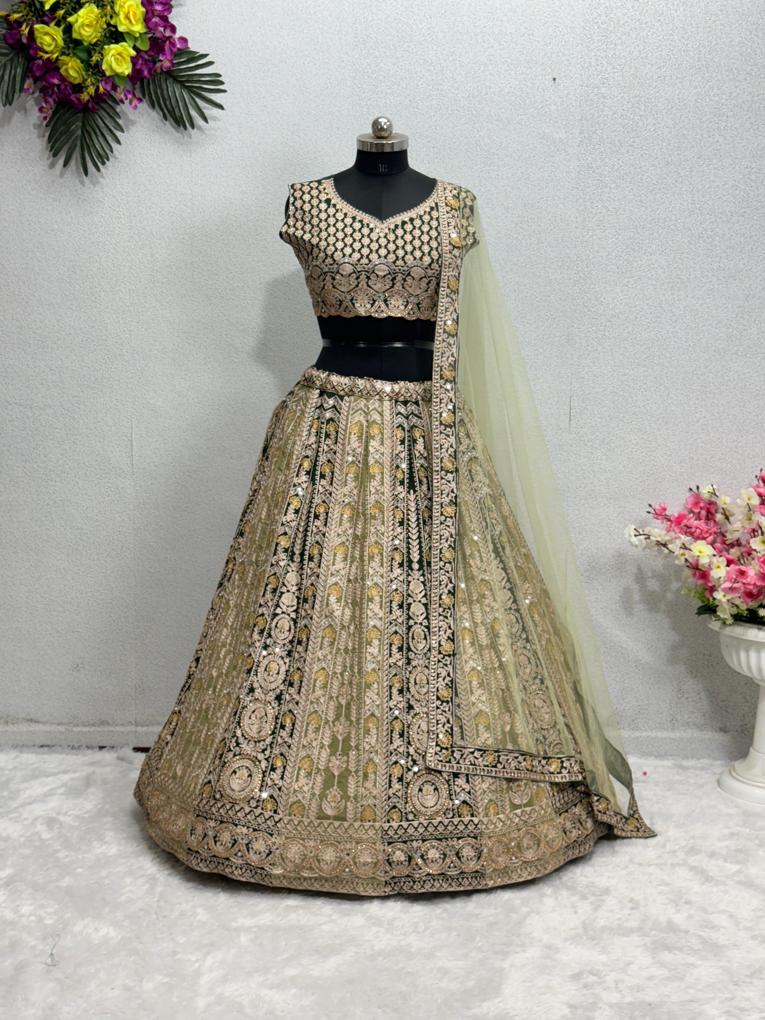 Marriage Special Pista With Black Mirror Hand Work Lehenga Choli