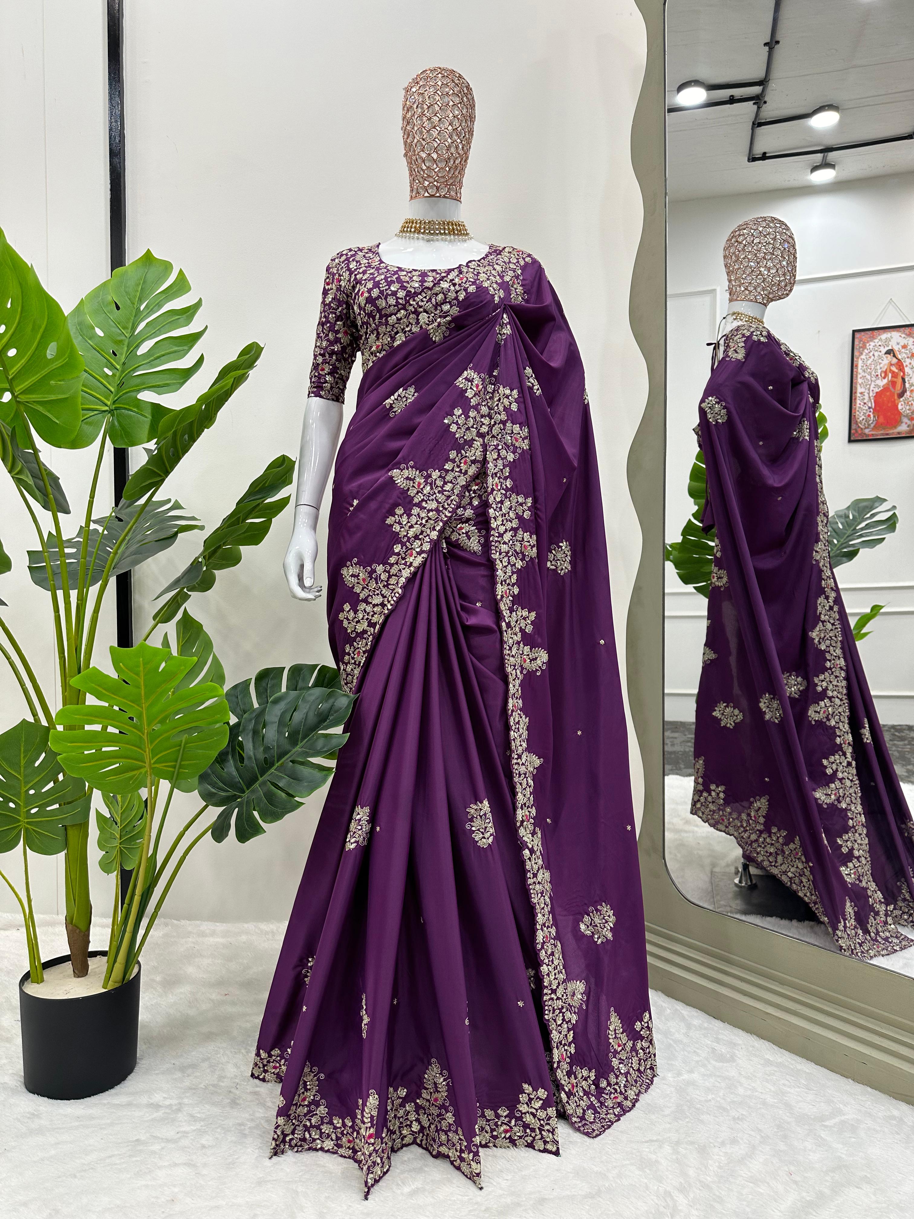 Party Wear Purple Color Thread And Sequence Work Saree