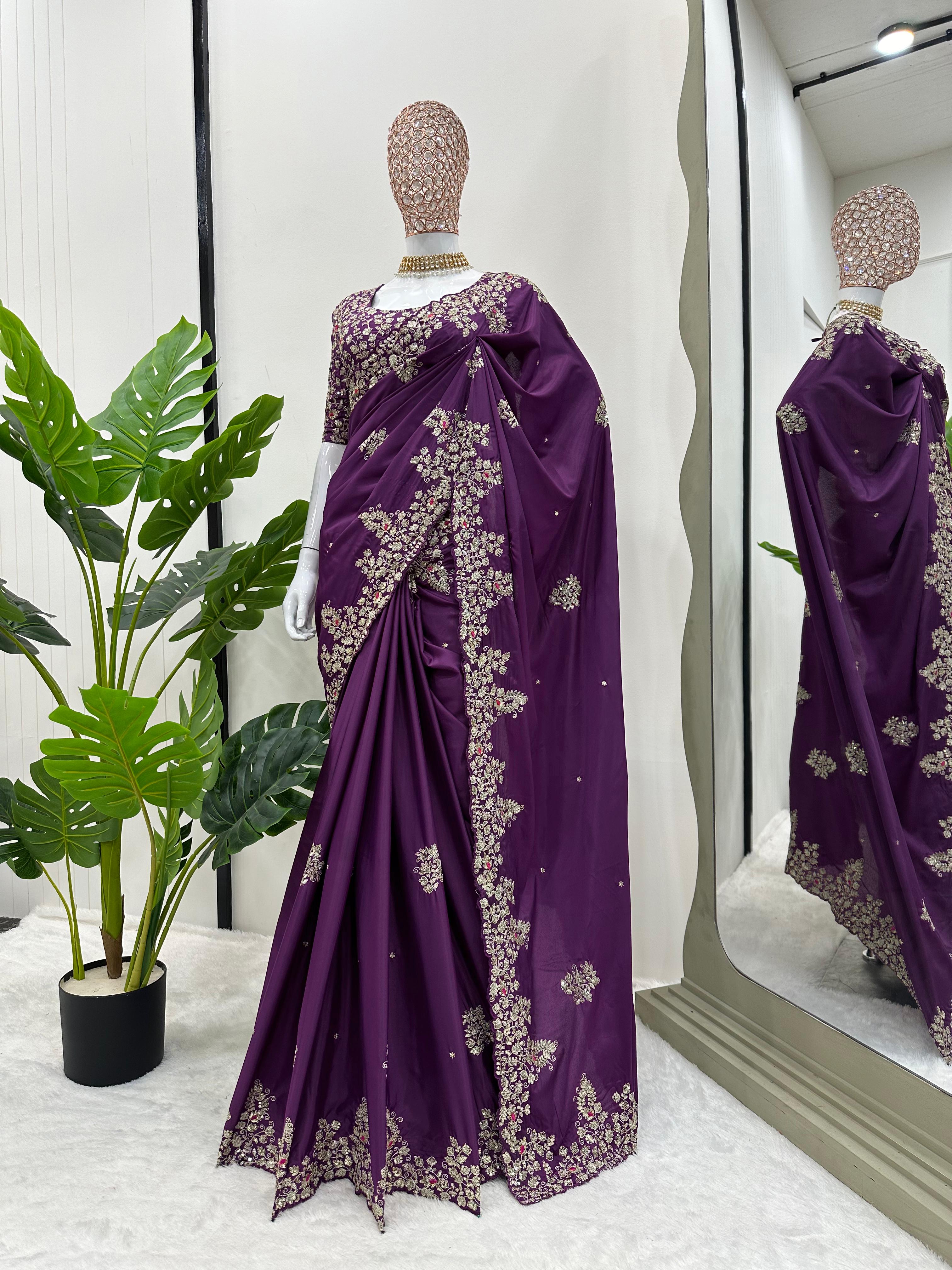 Party Wear Purple Color Thread And Sequence Work Saree