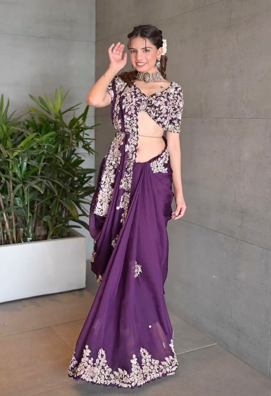 Party Wear Purple Color Thread And Sequence Work Saree