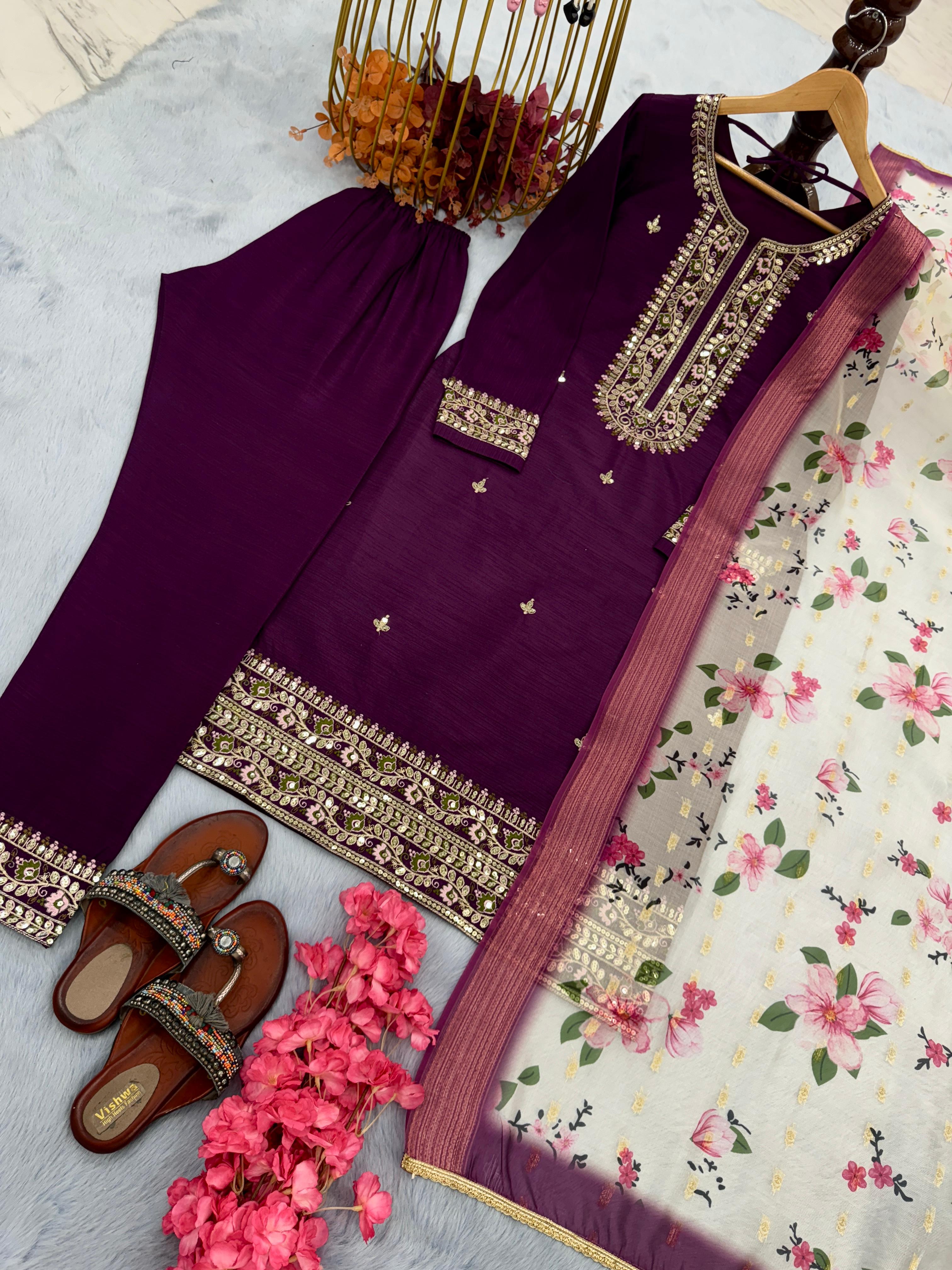 Amazing Purple color Chinon Silk Dress
