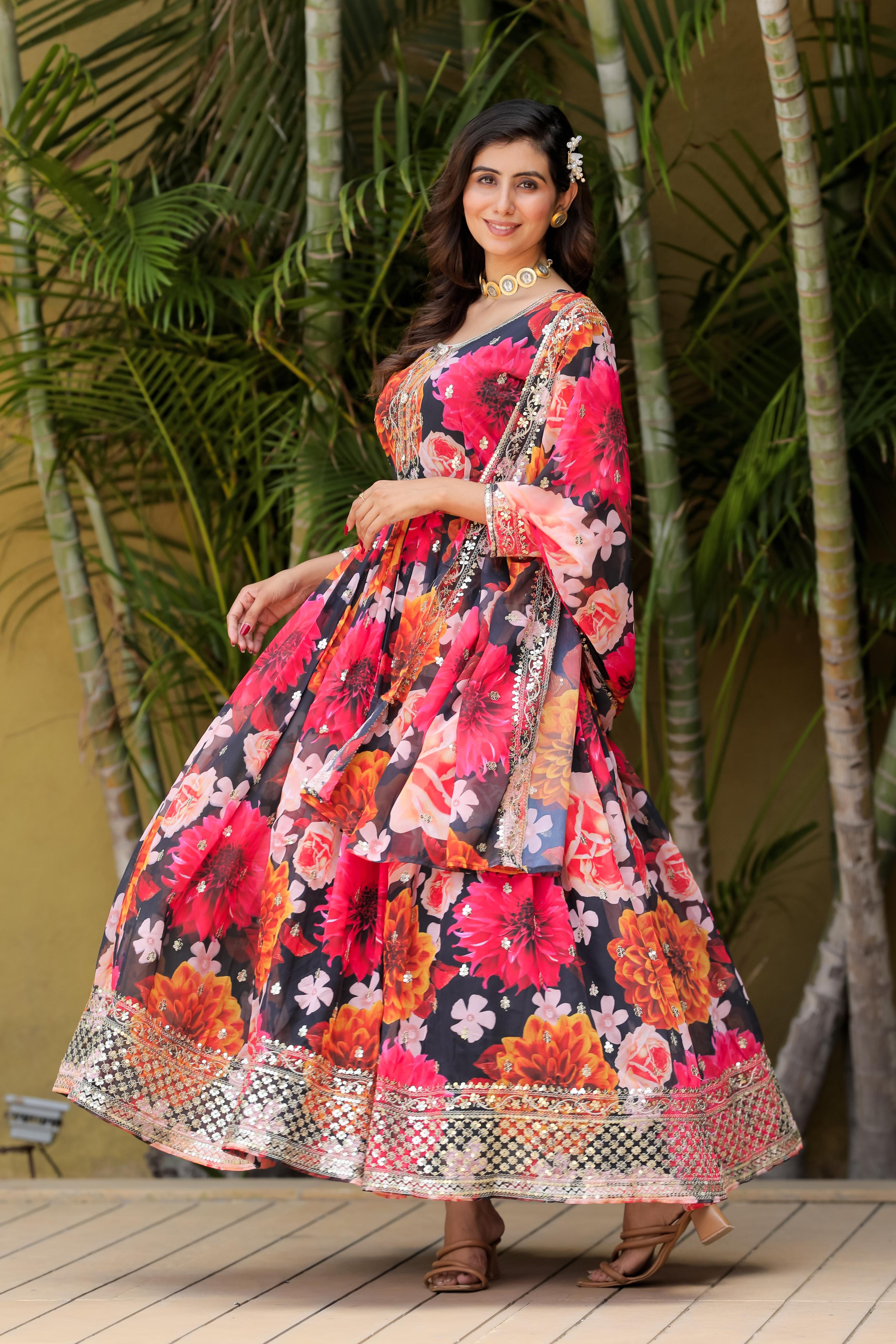 Blissful Flower Print Multi Color Long Anarkali Suit