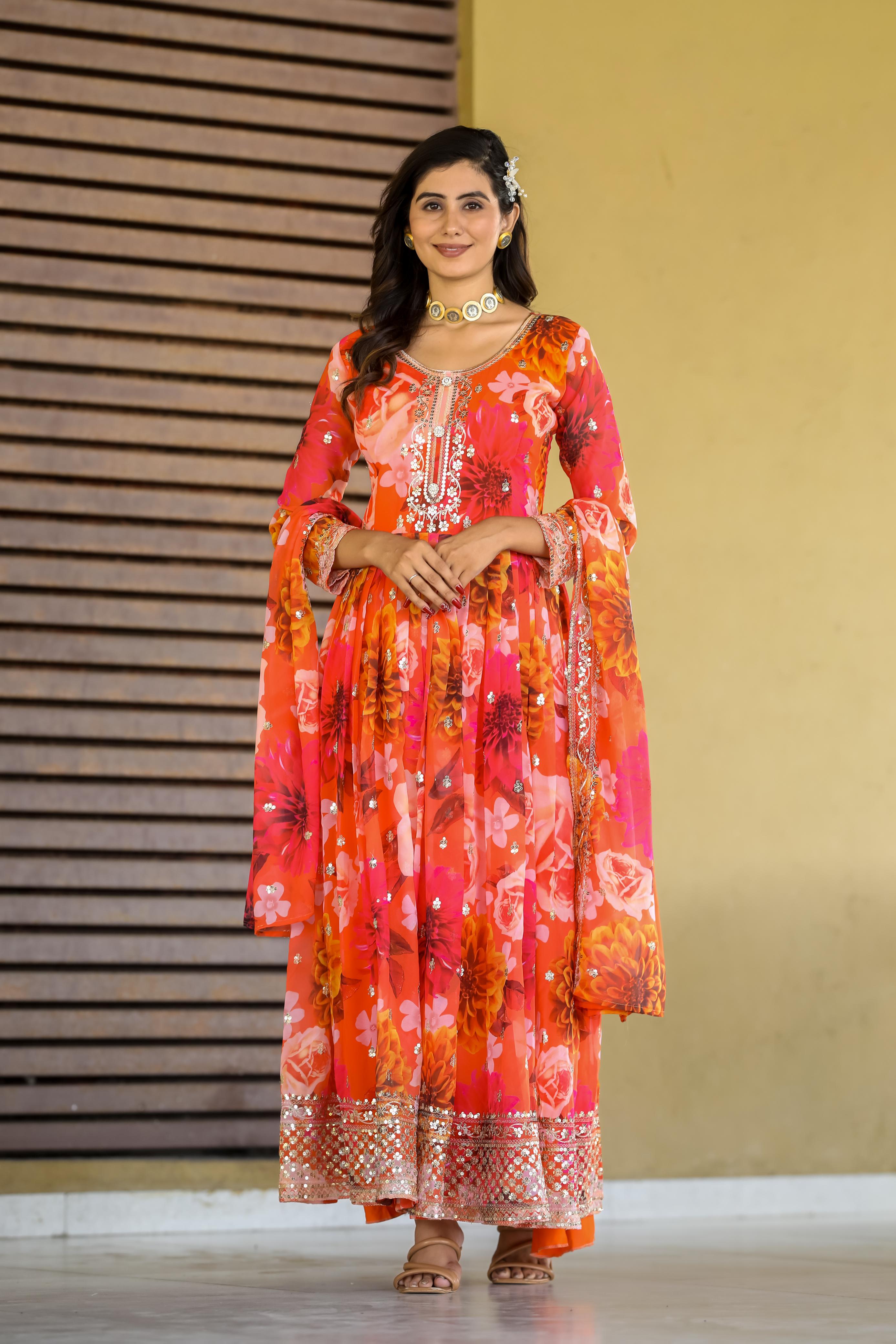 Blissful Flower Print Orange Color Long Anarkali Suit