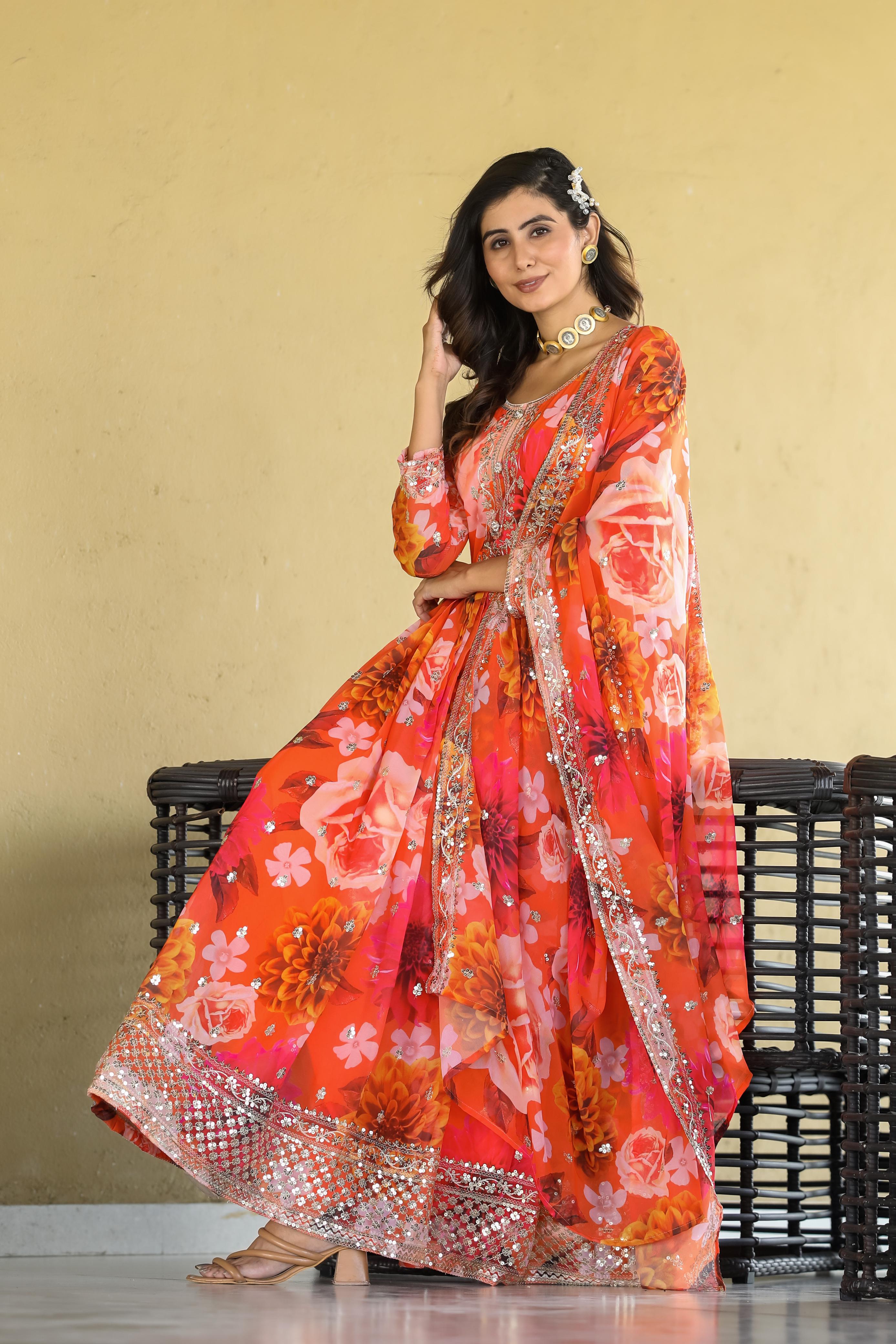 Blissful Flower Print Orange Color Long Anarkali Suit