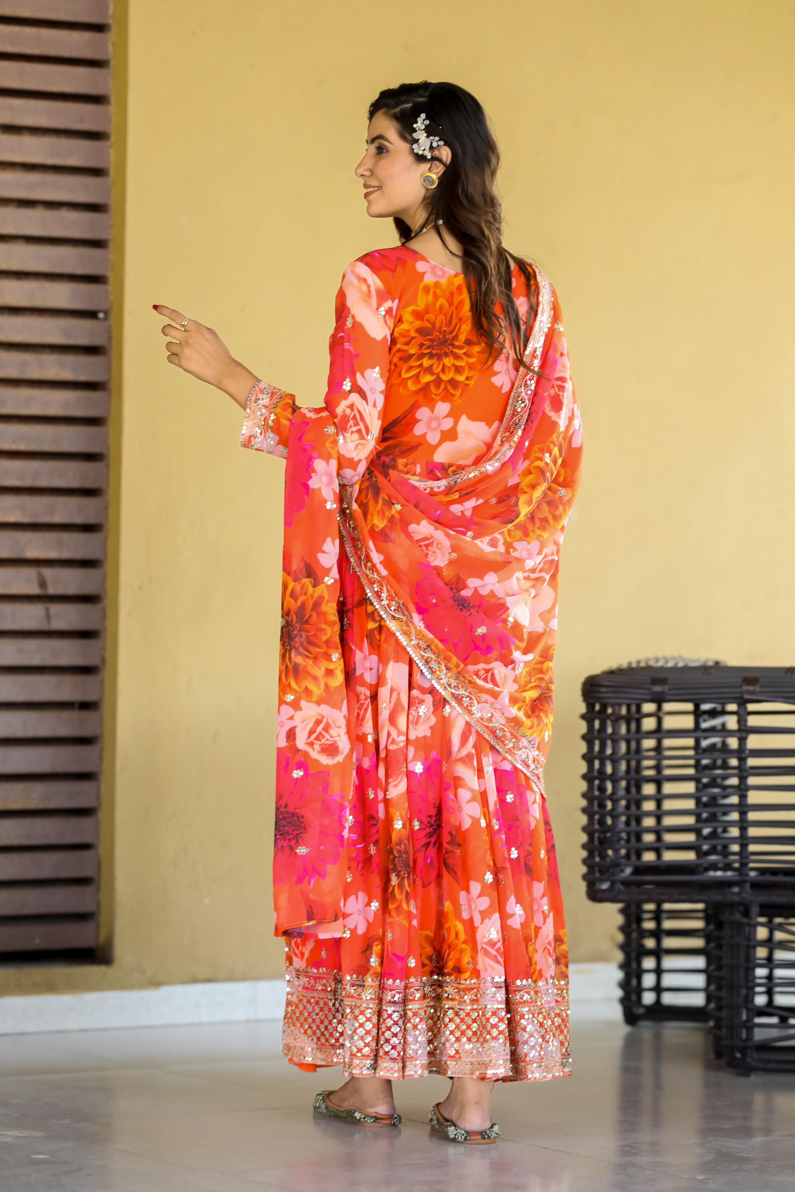 Blissful Flower Print Orange Color Long Anarkali Suit