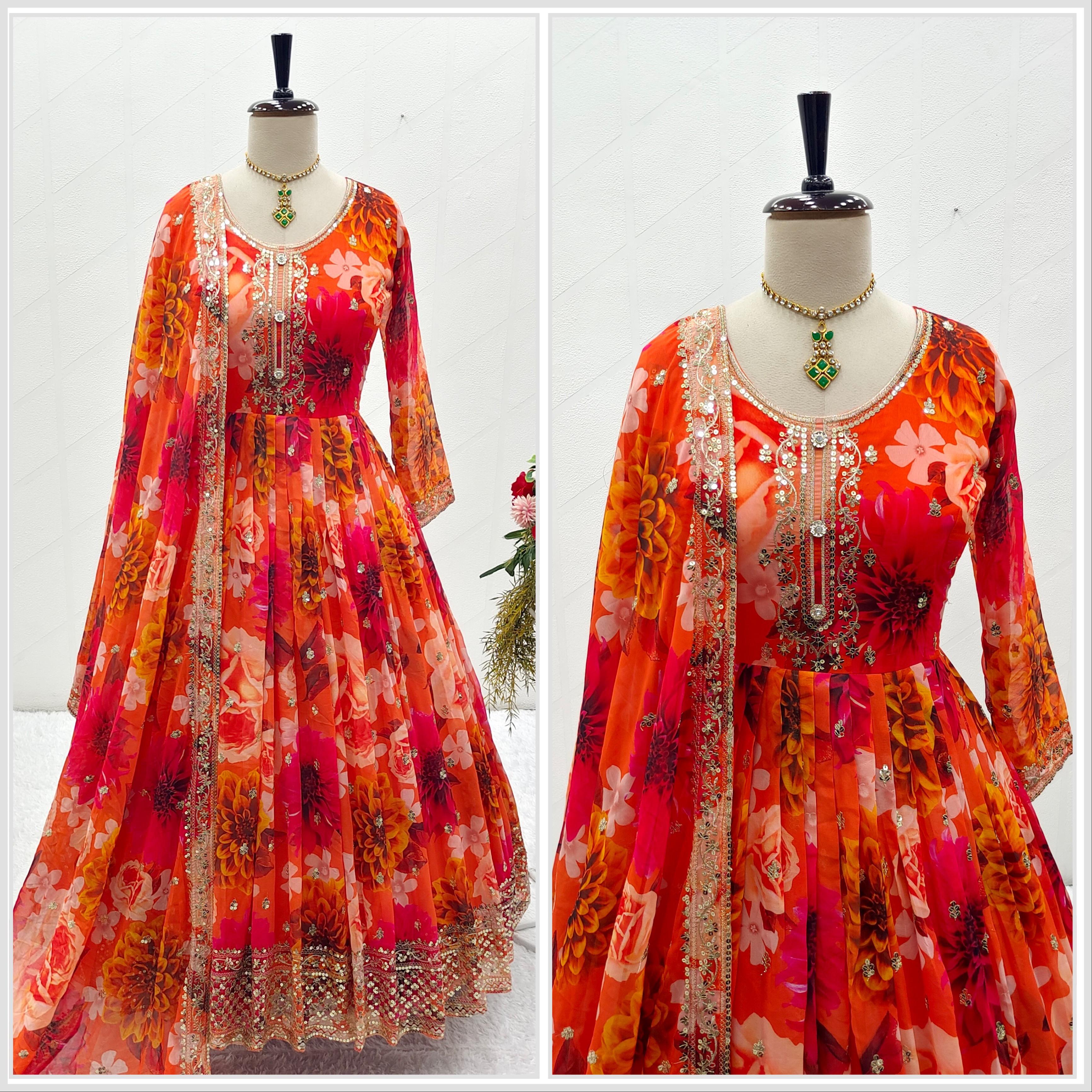 Blissful Flower Print Orange Color Long Anarkali Suit