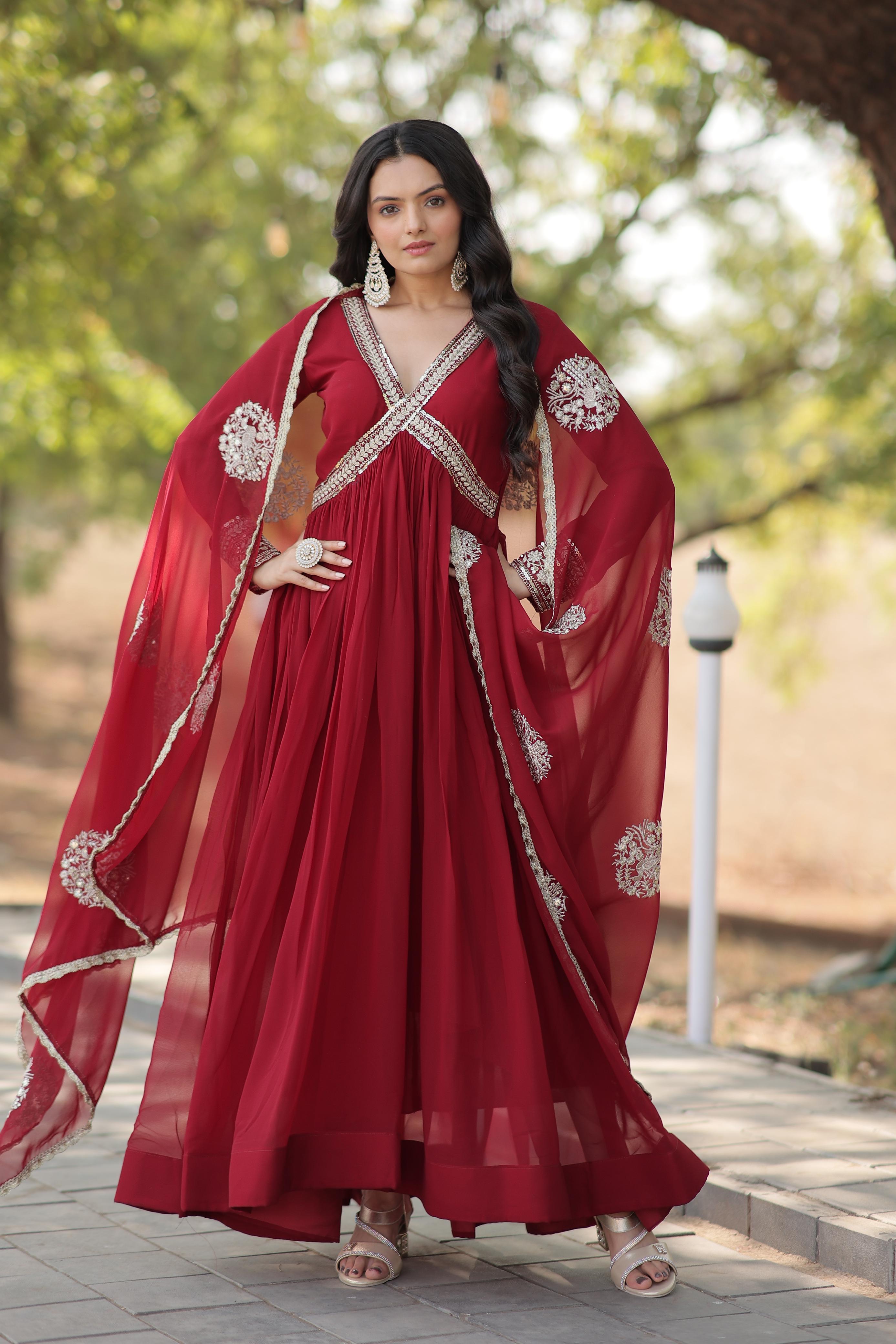 Embellished Maroon Color Gown With Dupatta