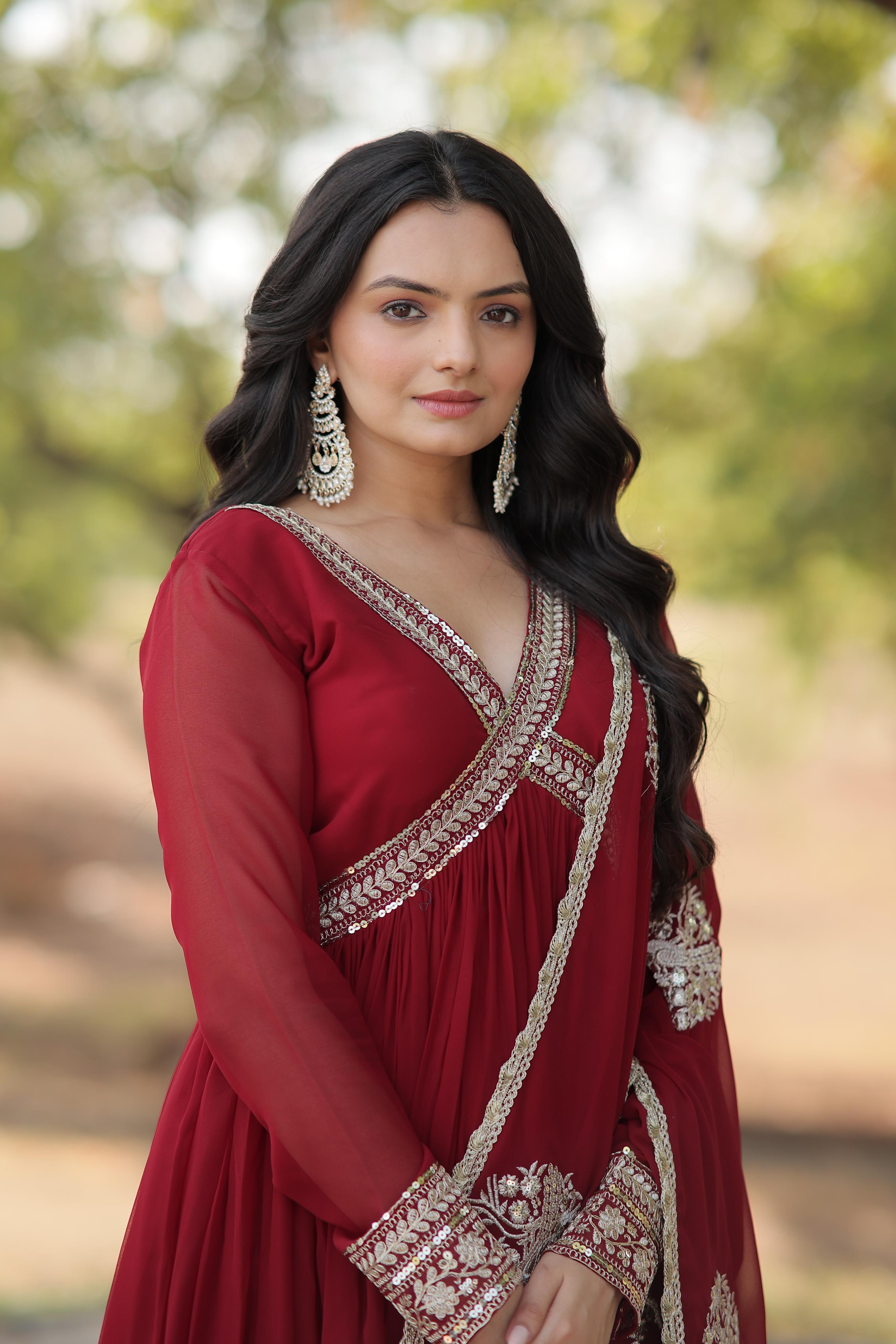 Embellished Maroon Color Gown With Dupatta