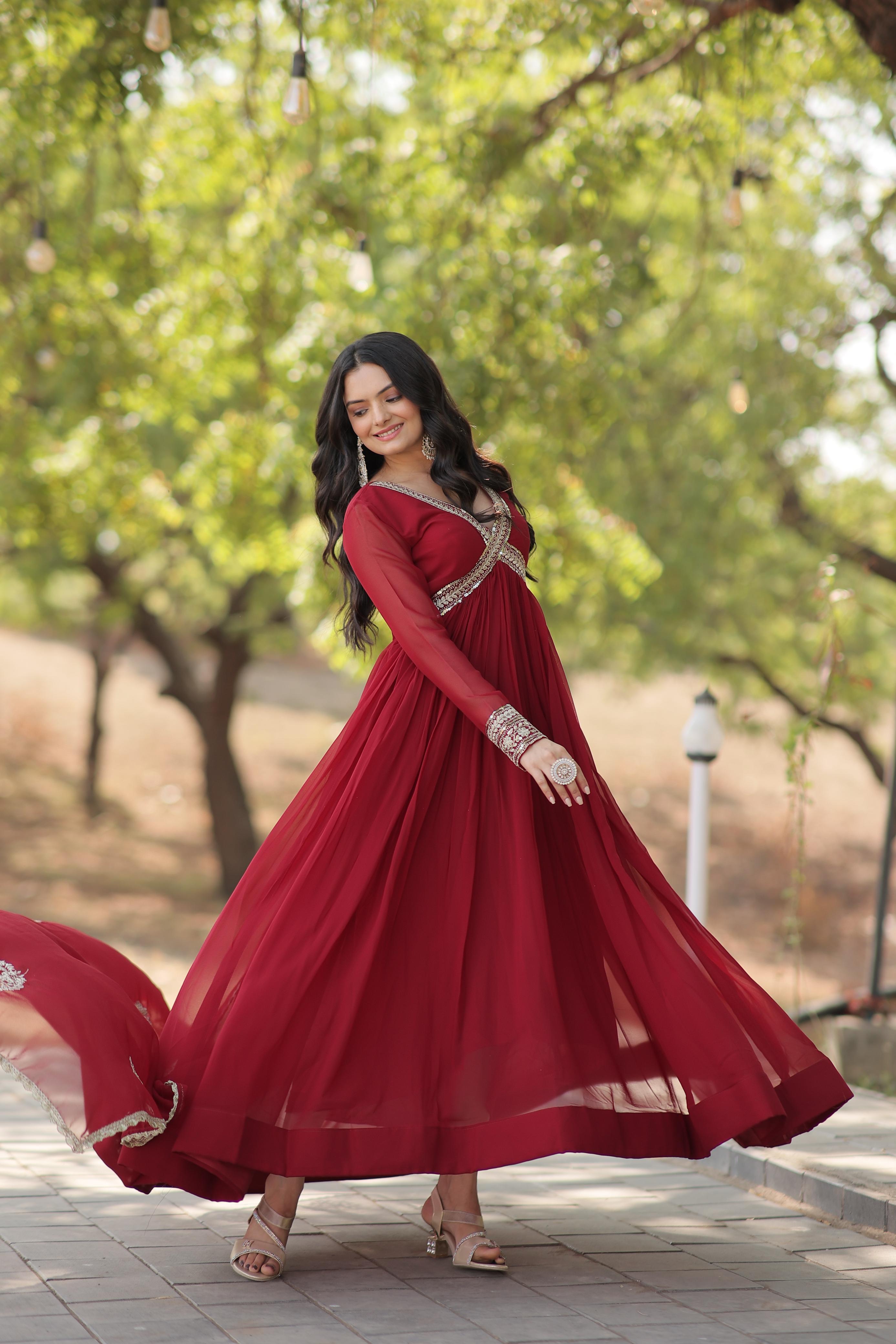 Embellished Maroon Color Gown With Dupatta