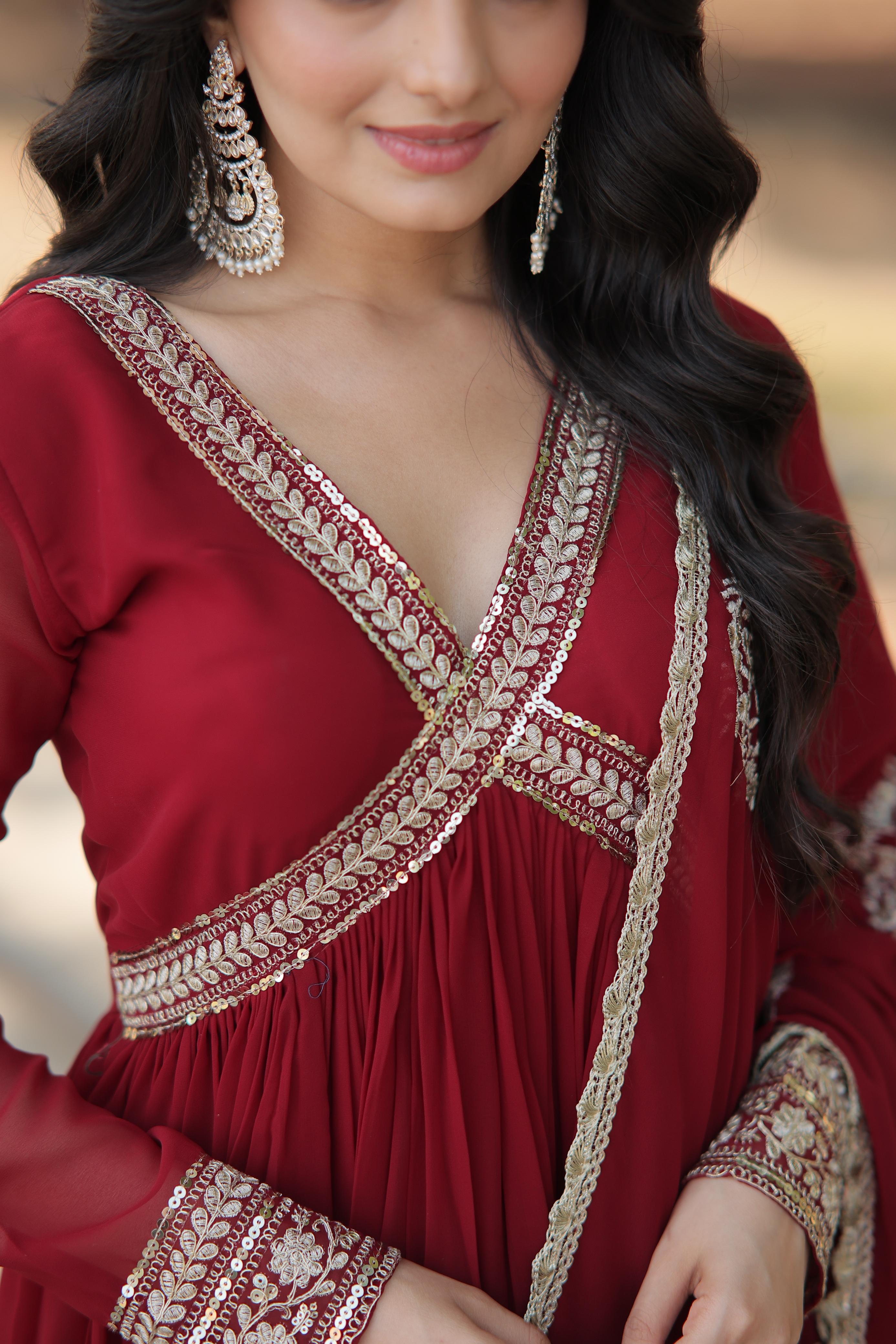 Embellished Maroon Color Gown With Dupatta