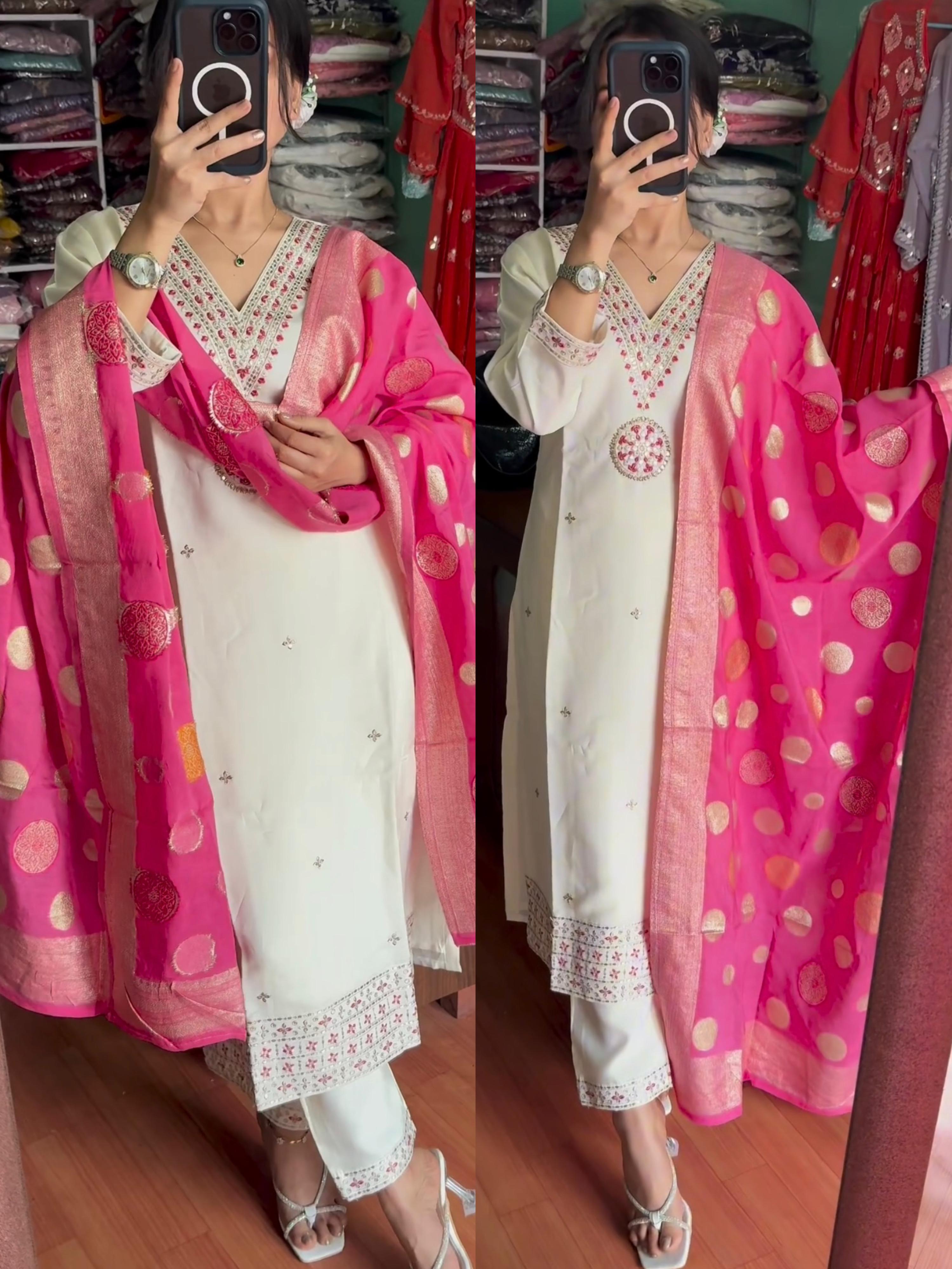 Innovative White Salwar Suit With Jacquard Dupatta