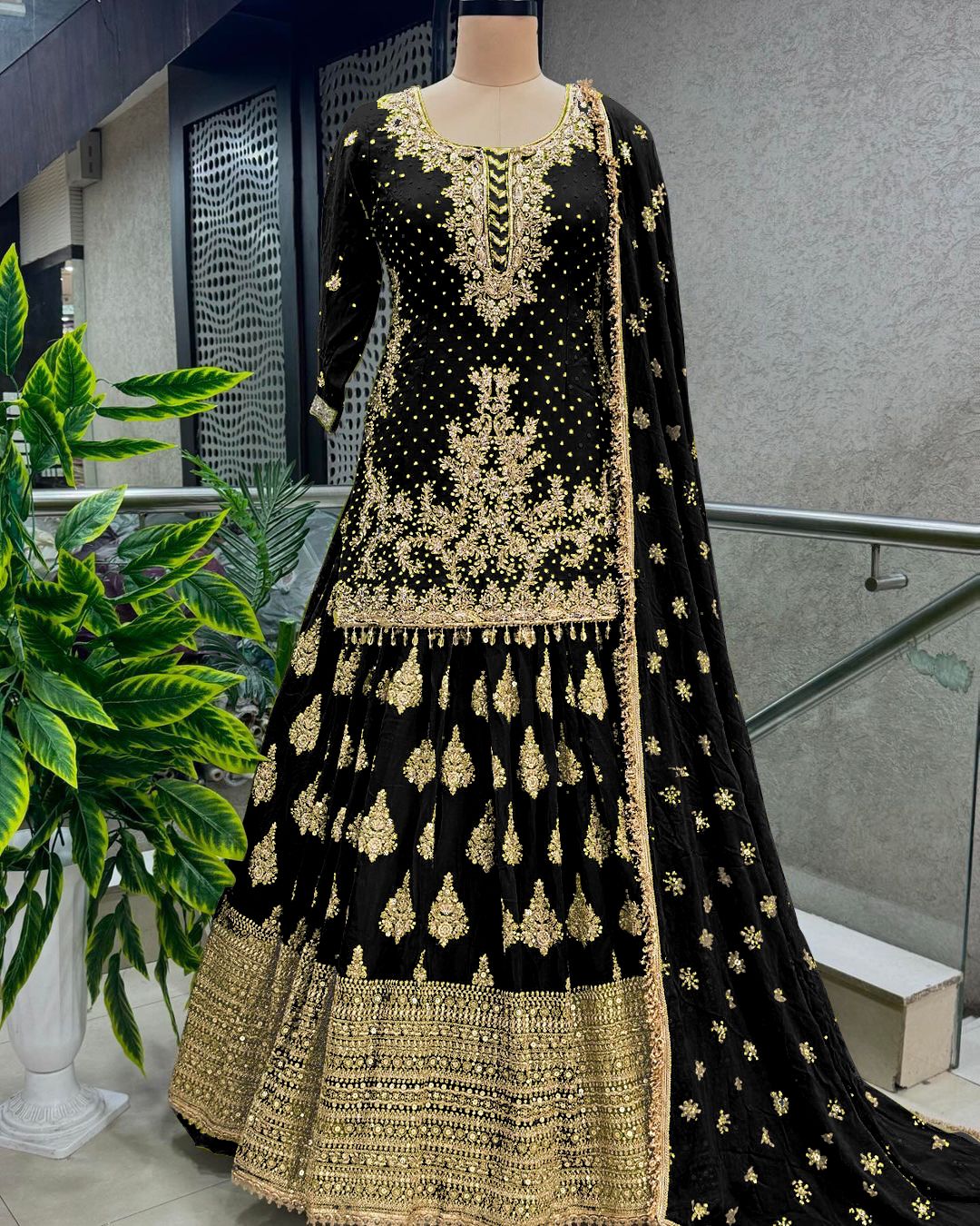 Presenting Embroidery Sequence Work Black Color Sharara Suit